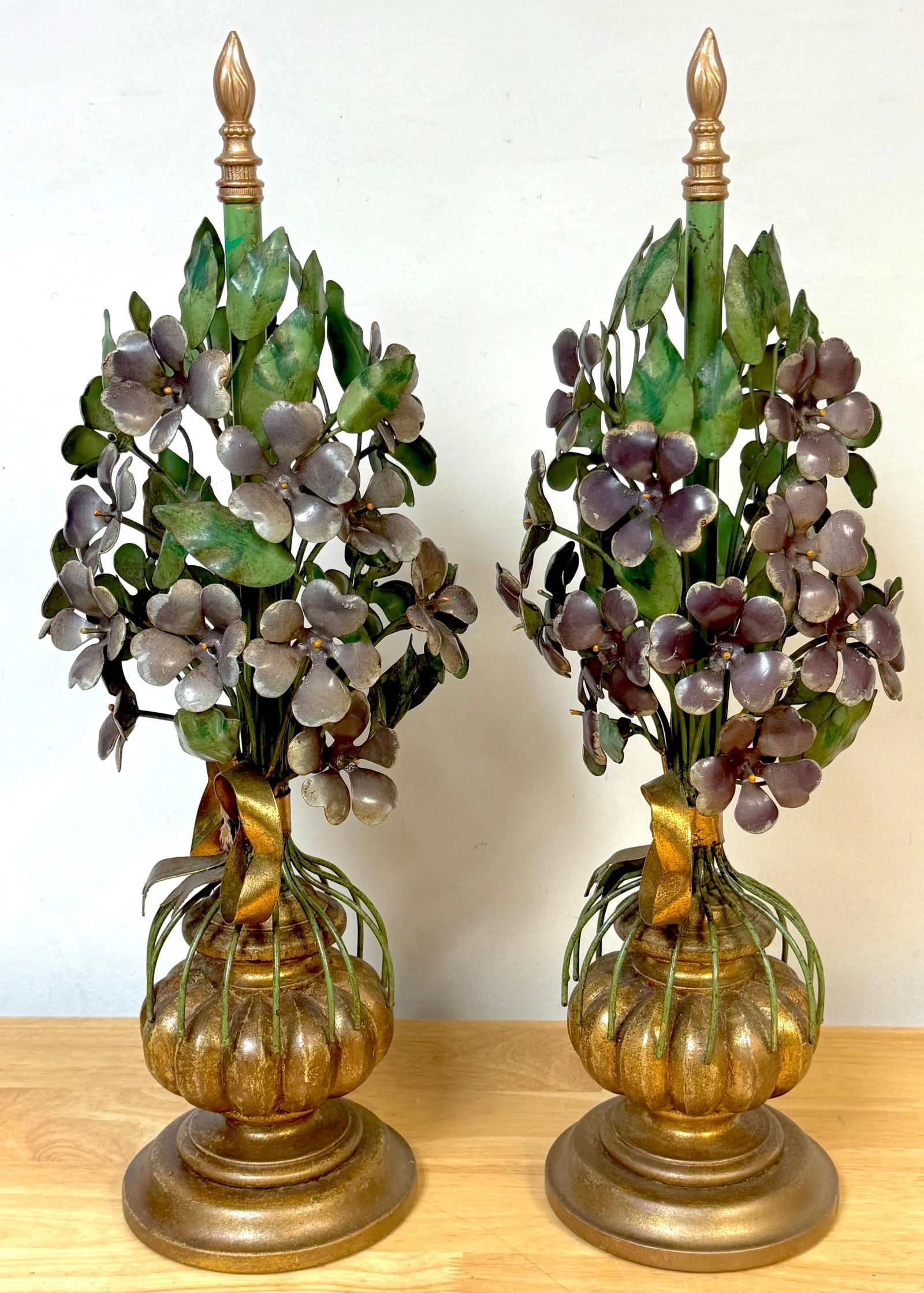 Italian Hollywood Regency Giltwood & Tole Violet Topiary Sculptures - a Pair - 3