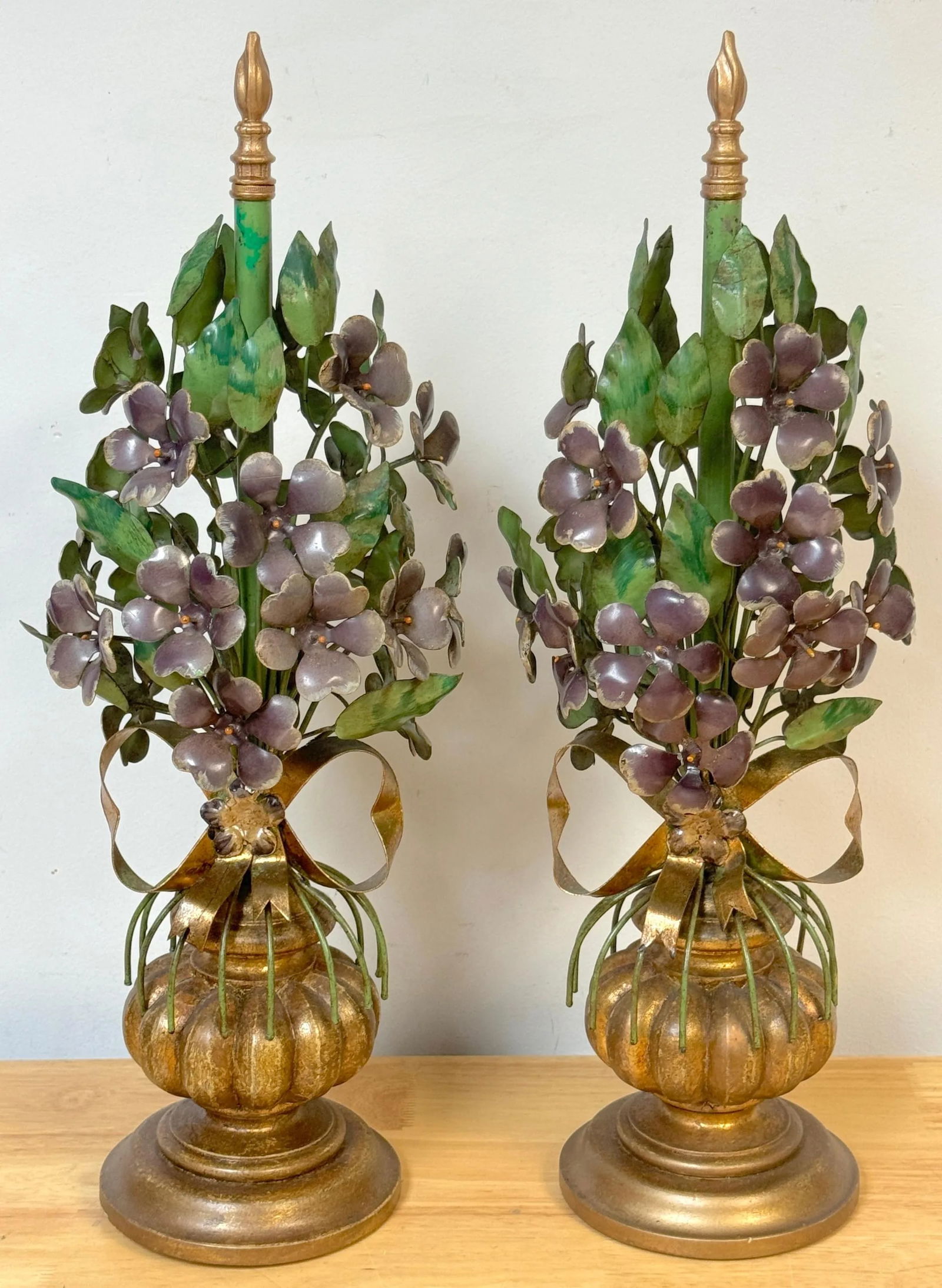 Italian Hollywood Regency Giltwood & Tole Violet Topiary Sculptures - a Pair - 5