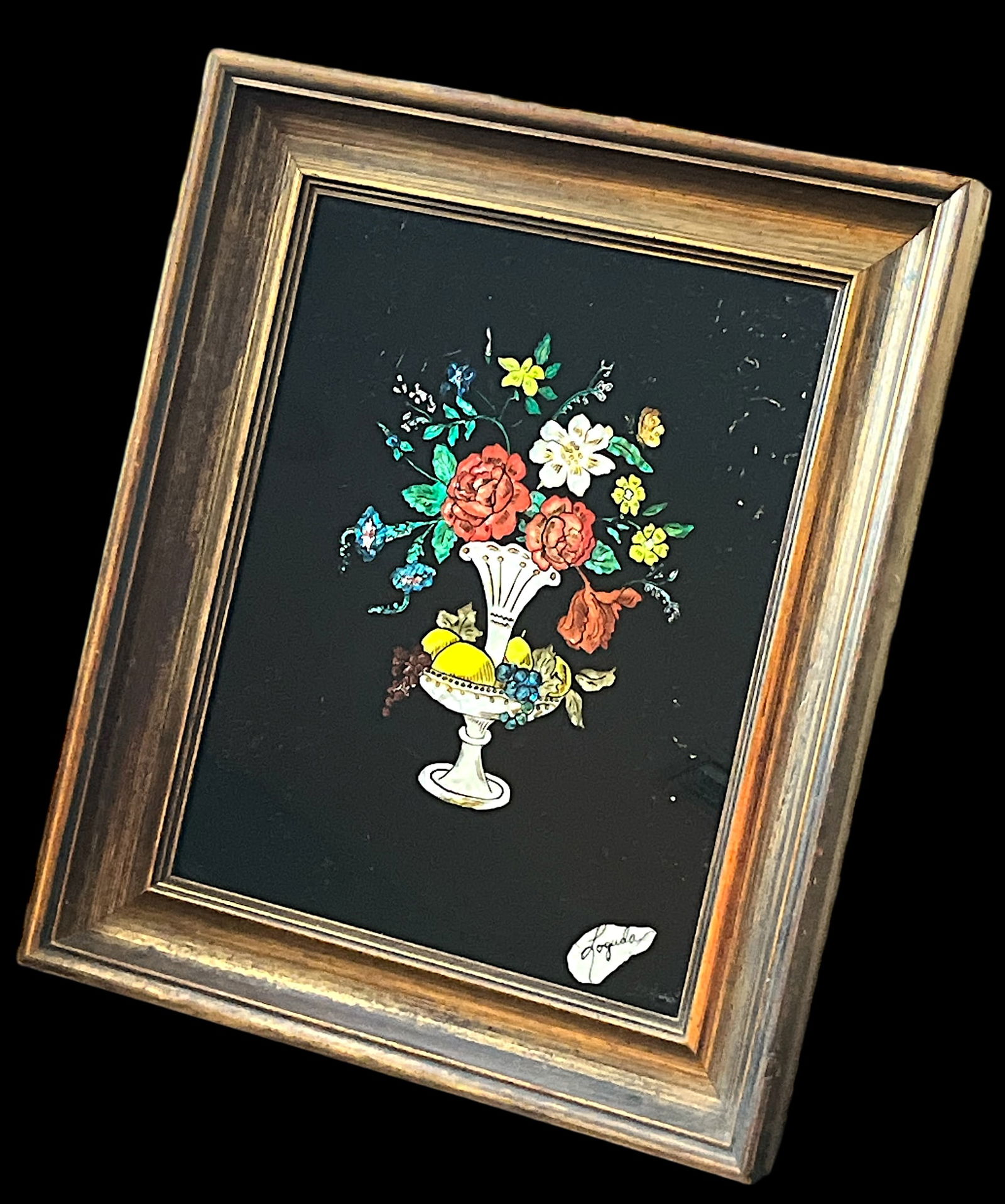 1940s Framed Silver Epergne Holding Flowers and Fruit Silver Foil Painting - 2