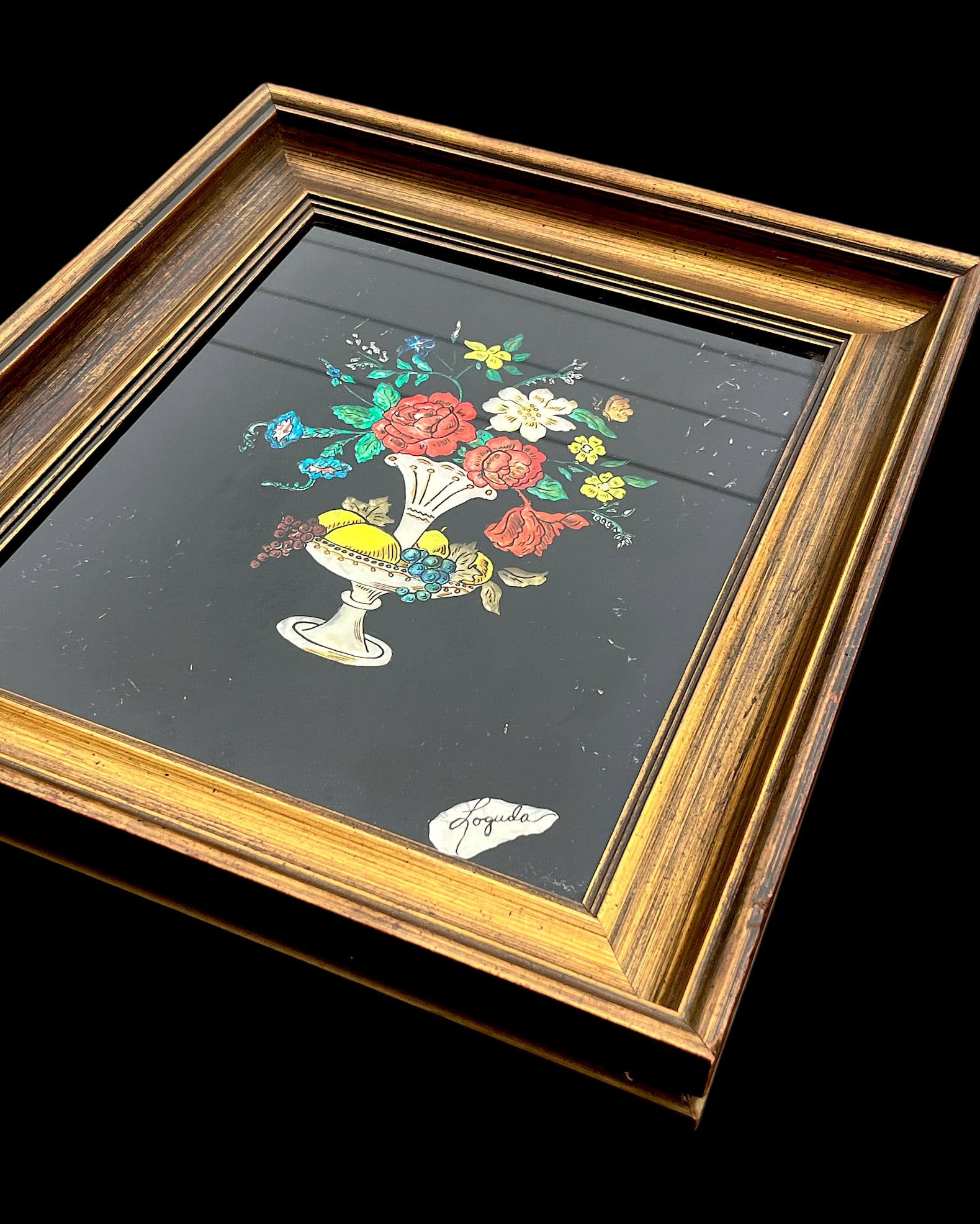 1940s Framed Silver Epergne Holding Flowers and Fruit Silver Foil Painting - 3