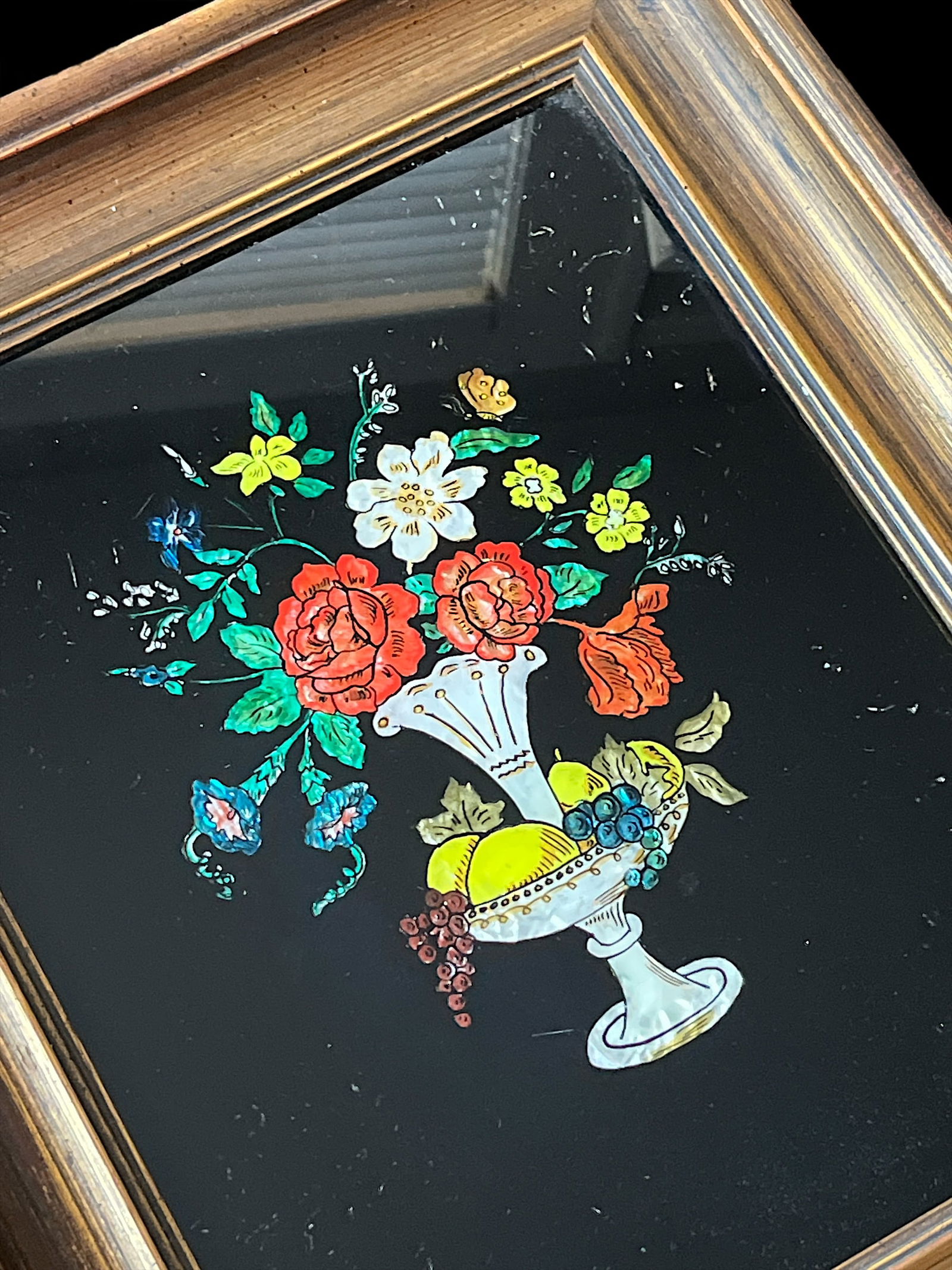 1940s Framed Silver Epergne Holding Flowers and Fruit Silver Foil Painting - 5