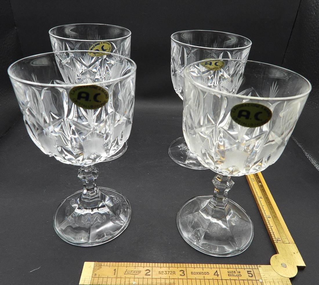 1950s Mid Century Modern Italian Ac Cut Crystal Atomic Wine Stem Glasses- Set of 4 - 4