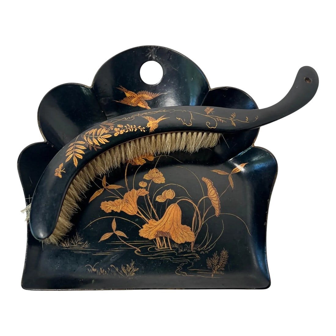 19th C Victorian Papier-MachÃ¢ÂˆÂšÃ‚Â© Silent: Antique Victorian black lacquer papier-machÃ© silent butler or brush with crumb tray, hand-painted intricate Asian motif in gold. Natural boar bristles on brush with no signs of actual use o