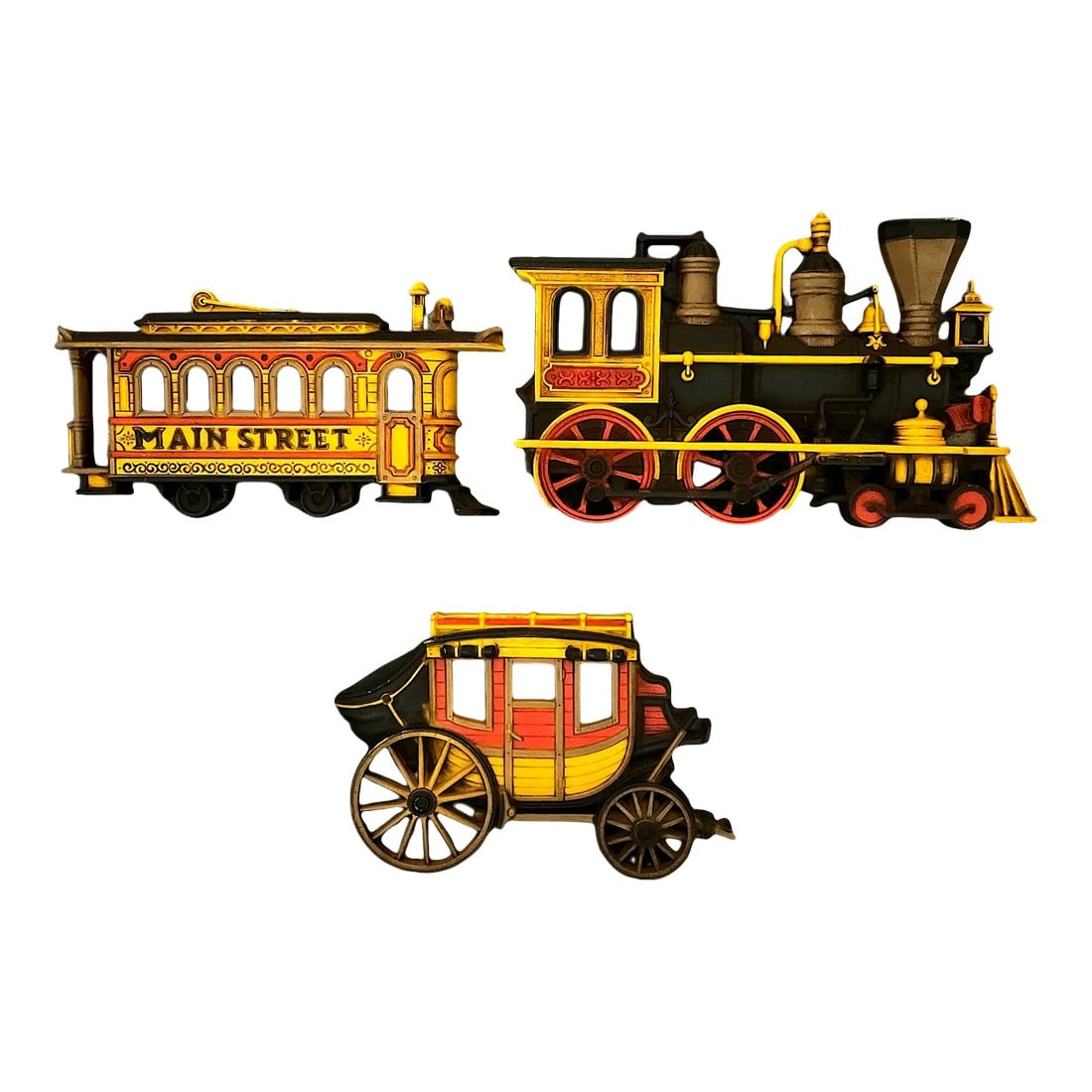 1970s Vintage Train Locomotive, Caboose and Stagecoach Wall Decor by Homco Set of 3: Old West locomotive, caboose and stagecoach set of wall decor by Homco, circa 1975. Yellow, red and black color scheme with "Main Street" on the side of the caboose train car. Made in the USA. Steam E