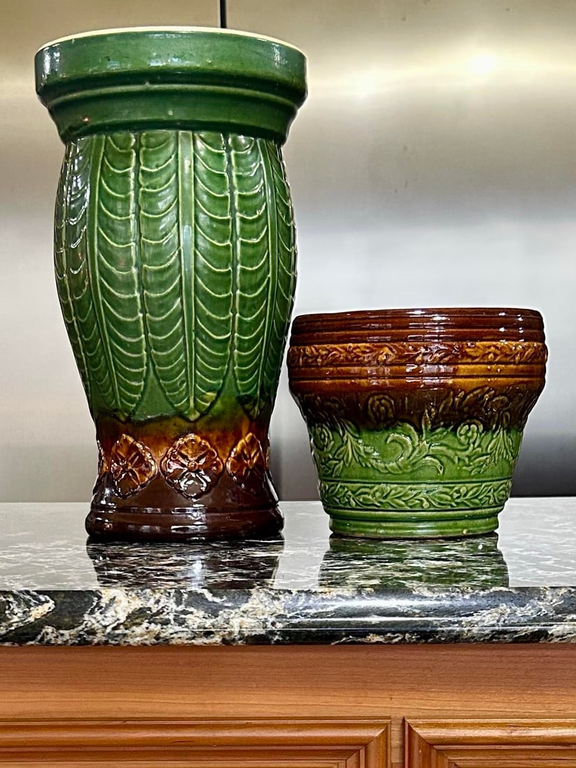 Vintage Robinson Ramsbottom Pottery Company Jardiniere With Pedestal Base, Number #153 Green Fern Le - 3