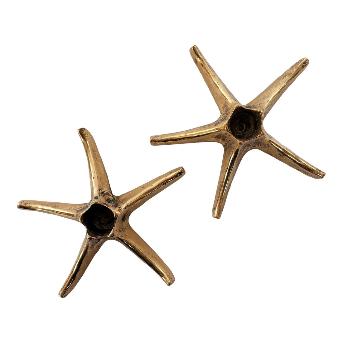Vintage Brass Star Candlestick Holders - Set of 2: This vintage pair of artisan made starfish candlestick holders will add a sophisticated touch to your coastal, contemporary or eclectic decor. The candle holders are finished in a hammered brass, sign