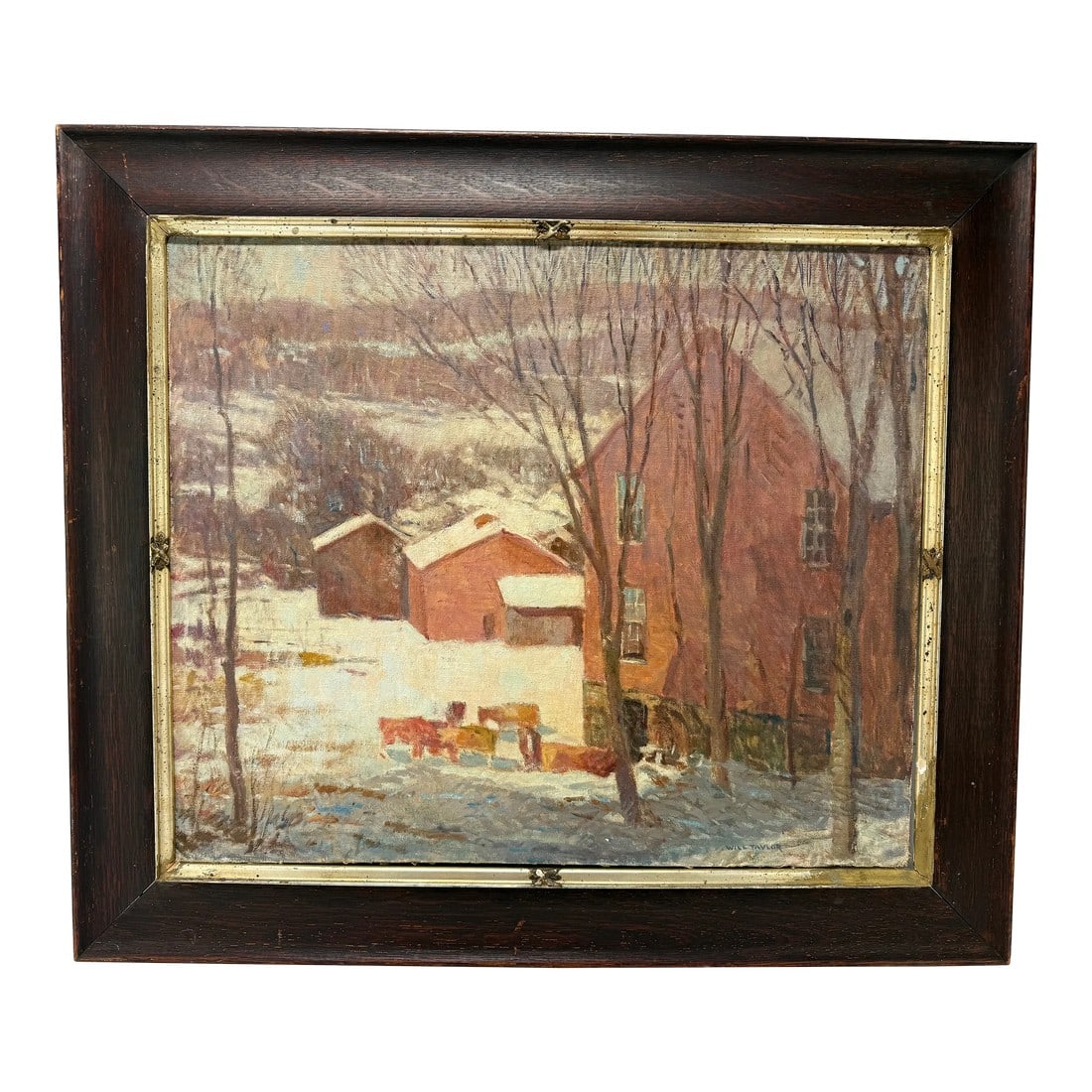 Will Taylor, Impressionist New England Cows in a Snowy Landscape Oil on Canvas
