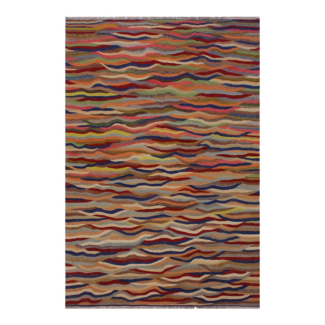 Boho Chic Kilim Red Blue Wool Rug - 4'11" X 6'10": Add a touch of elegance to your home with this casual chic hand woven Tribal Kilim wool rug. Constructed on a loom by Nomad Turkman people with hand-spun wool and 100% Natural Vegetable dyes these bea