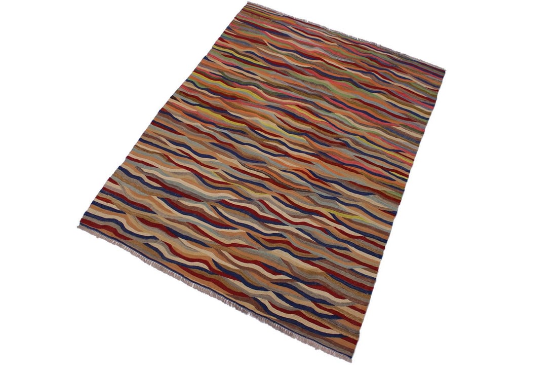 Boho Chic Kilim Red Blue Wool Rug - 4'11" X 6'10" - 2