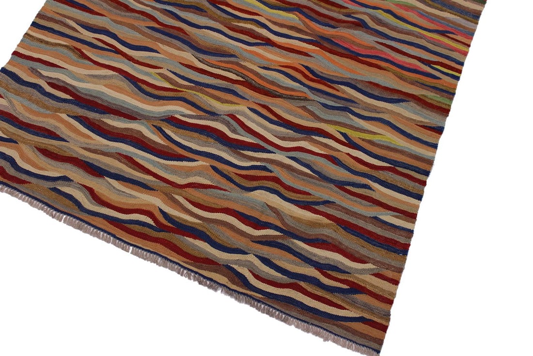 Boho Chic Kilim Red Blue Wool Rug - 4'11" X 6'10" - 3