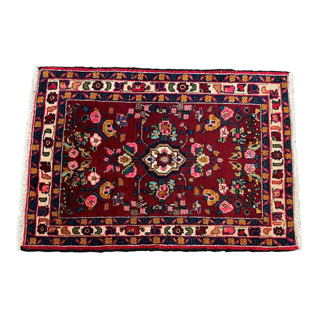1990s Handwoven Persian Hamedan Area Rug 2'2" X 3'3": 1990s Handwoven Persian Hamedan Area Rug 2'2" X 3'3" Condition: Alterations: Original Condition Unaltered Imperfections: Some Imperfections Condition Notes: Desirable Age Wear. Wear consistent with