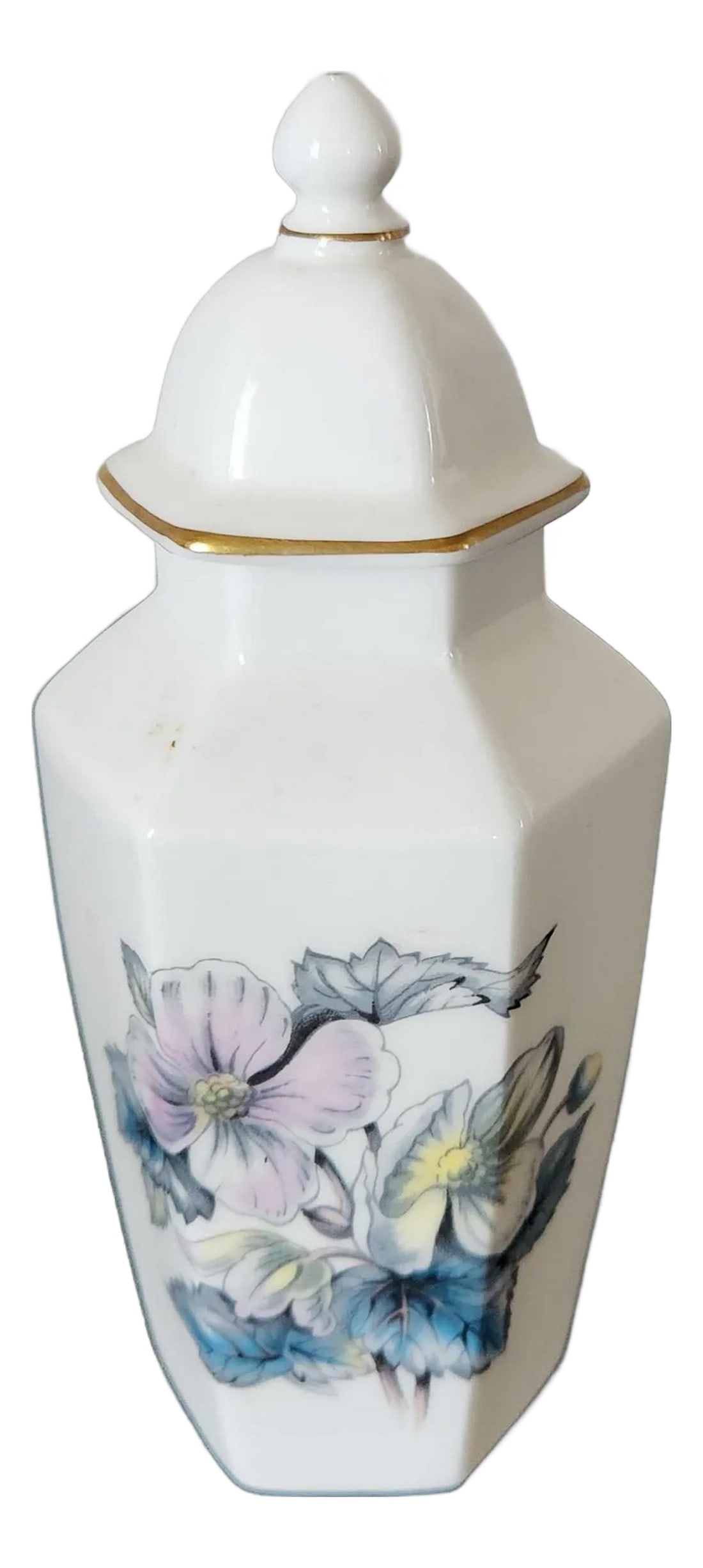 1970s Royal Worcester Bone China Petite Ginger Jar: AMBIANIC presents 1970s Royal Worcester Bone China Petite Ginger Jar Purple Blue Florena Gold Trim stamped by maker 5.25 x 2.5 Preowned very good vintage Refer to images Condition: Alterations: