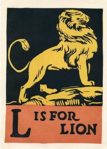 1920s, L Is for Lion Print, Original Vintage Children's Print, Lithograph, ABCs - 2