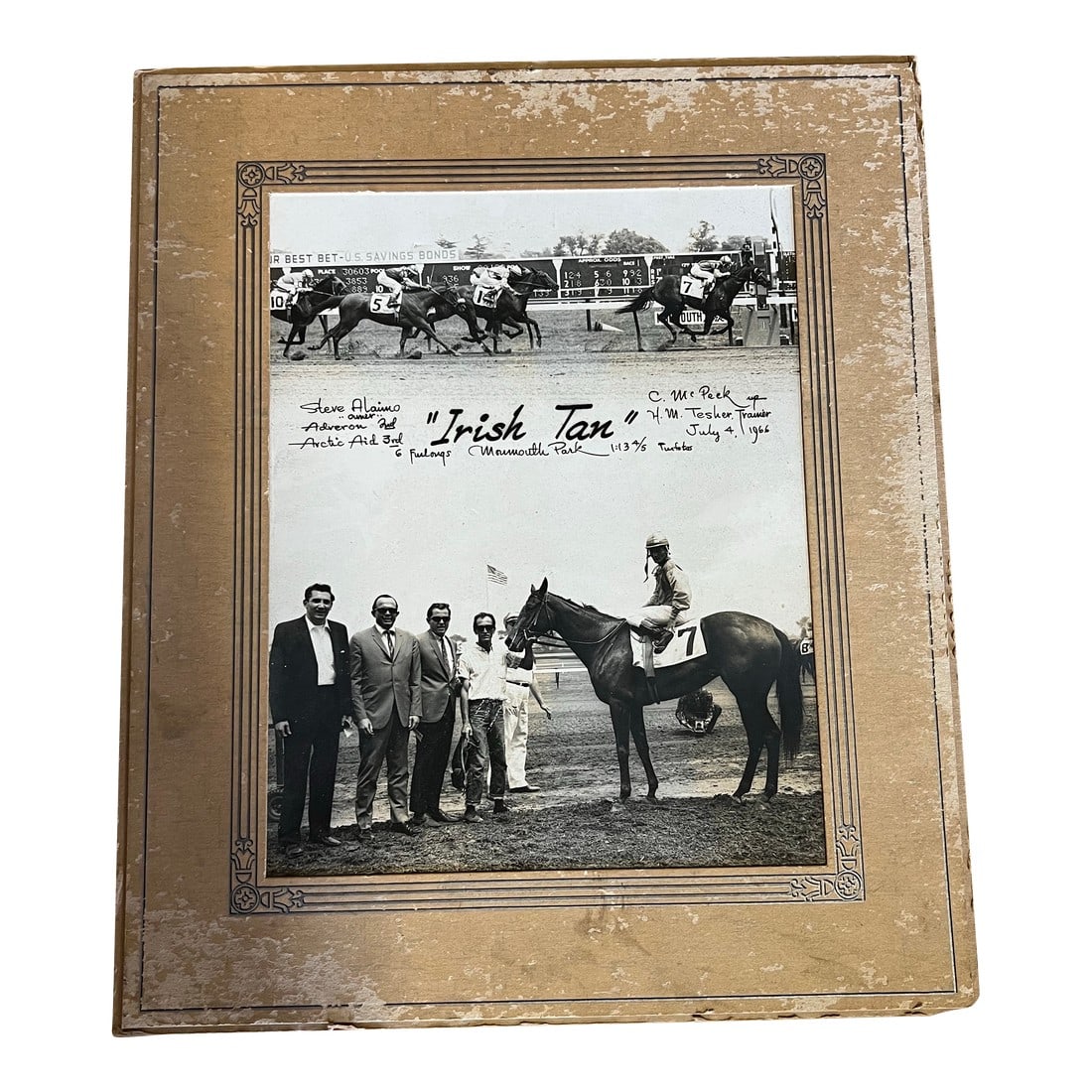 1960s Equestrian Photograph of a Horse Race Winner at Monmouth Park n.j.: Piece of Equestrian history. July 4th, 1966 at Monmouth Park in New Jersey. The photo includes the horse " Irish Tan" owners , jockey and trainers. The owner "Steve Alaimo" was an