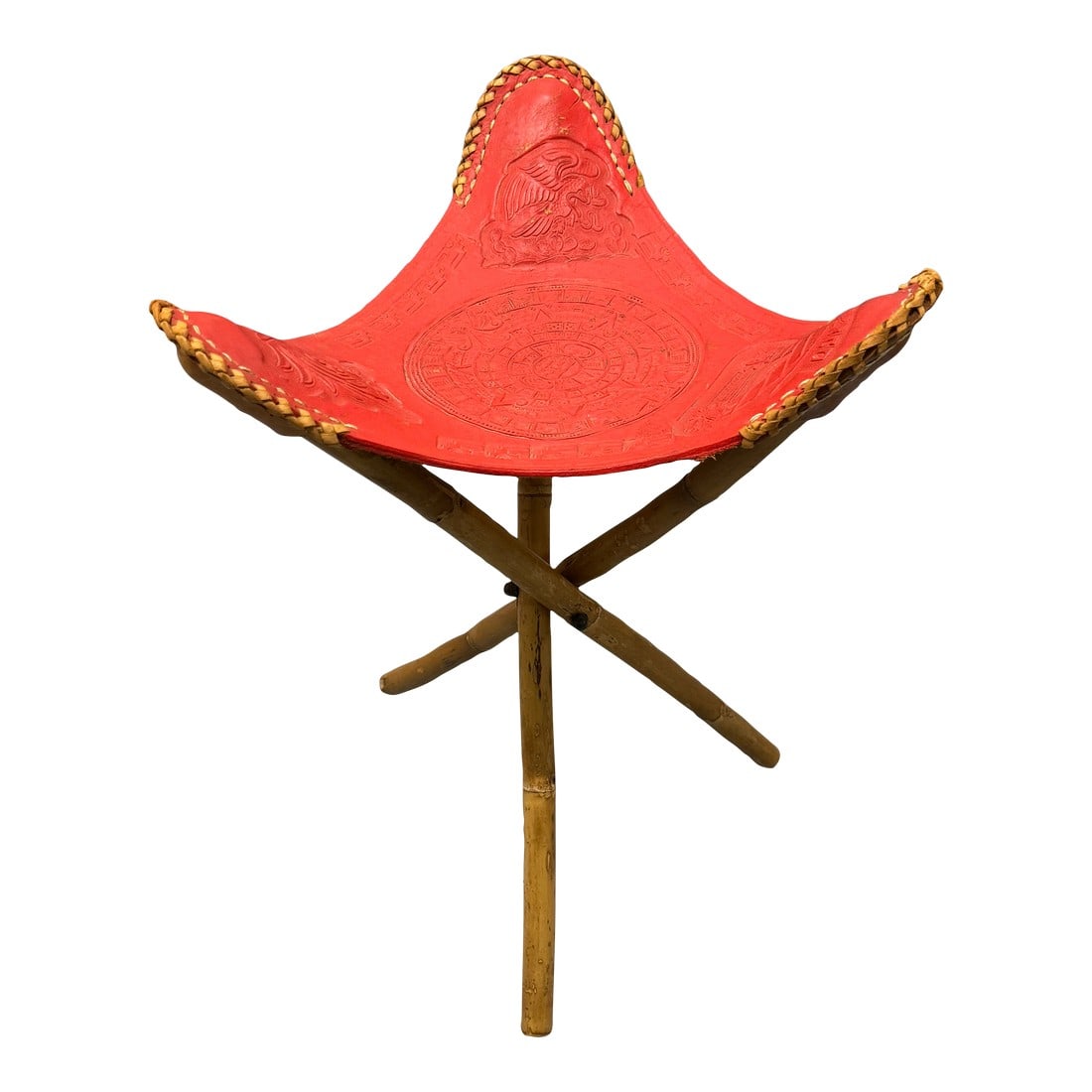 Vintage 1960s Mexican Leather Tripod Folding Stool: Add a touch of rustic charm and practicality to your space with this Vintage 1960s Mexican Leather Tripod Folding Stool. Handcrafted with a solid wood frame and a hand-stitched leather seat, this