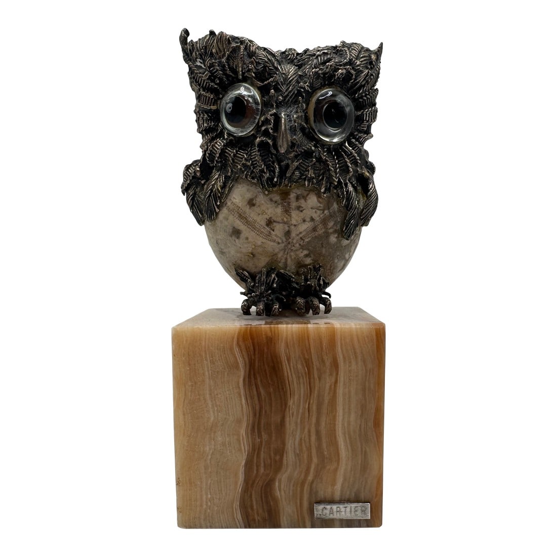1970s Aurelio Teno Limited Edition Cartier Owl Sculpture: Limited Edition owl sculpture by Aurelio Teno marked Cartier. The sculpture is marked with 32/200, Teno, and Sterling on the back. The owl is made out of seashell (probably echinoid) and sterling