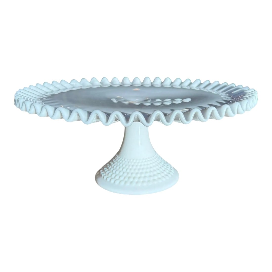 Vintage Fenton Milk Glass Hobnail Pedestal Cake Stand: Vintage Fenton Milk Glass Cake Stand Hobnail pedestal base Ruffled plate with hobnail design on reverse. A classic and timeless design to elevate your tablescape. 12.5" round x 5"