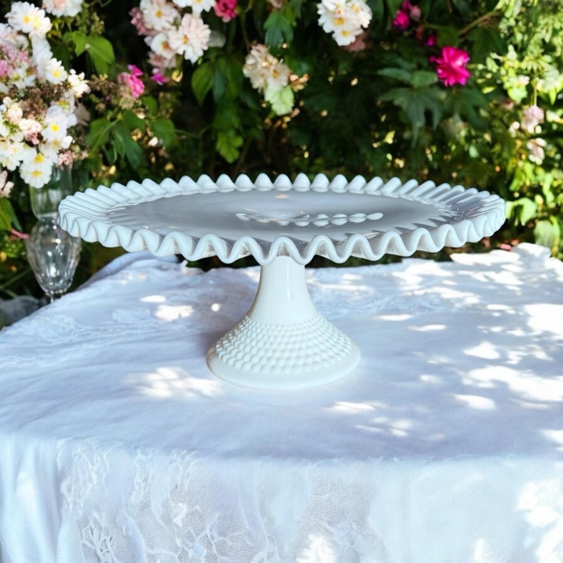 Vintage Fenton Milk Glass Hobnail Pedestal Cake Stand - 2