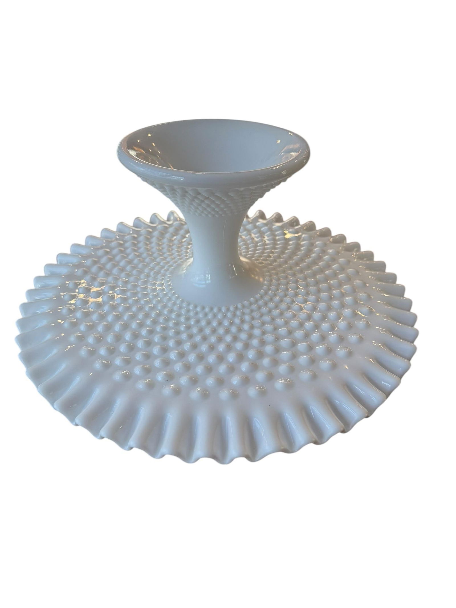 Vintage Fenton Milk Glass Hobnail Pedestal Cake Stand - 3