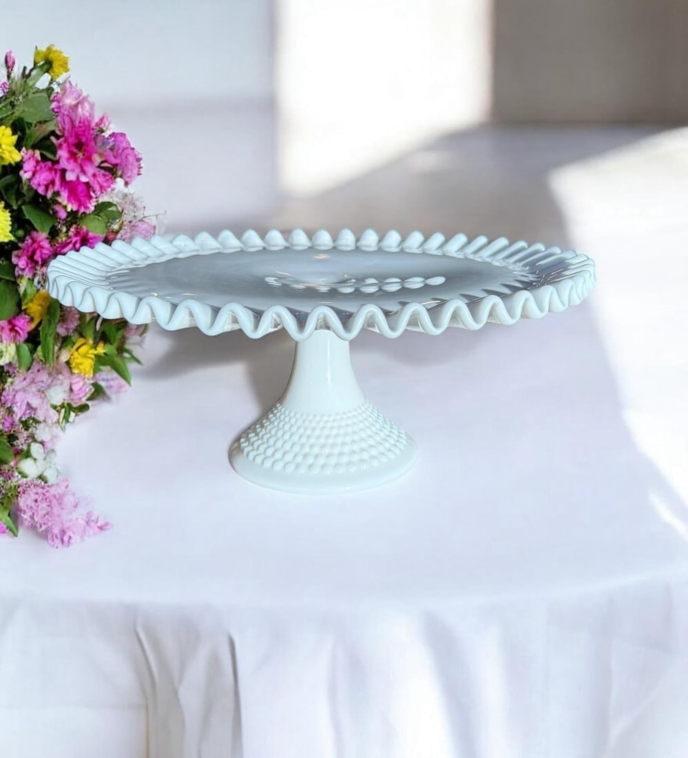 Vintage Fenton Milk Glass Hobnail Pedestal Cake Stand - 4