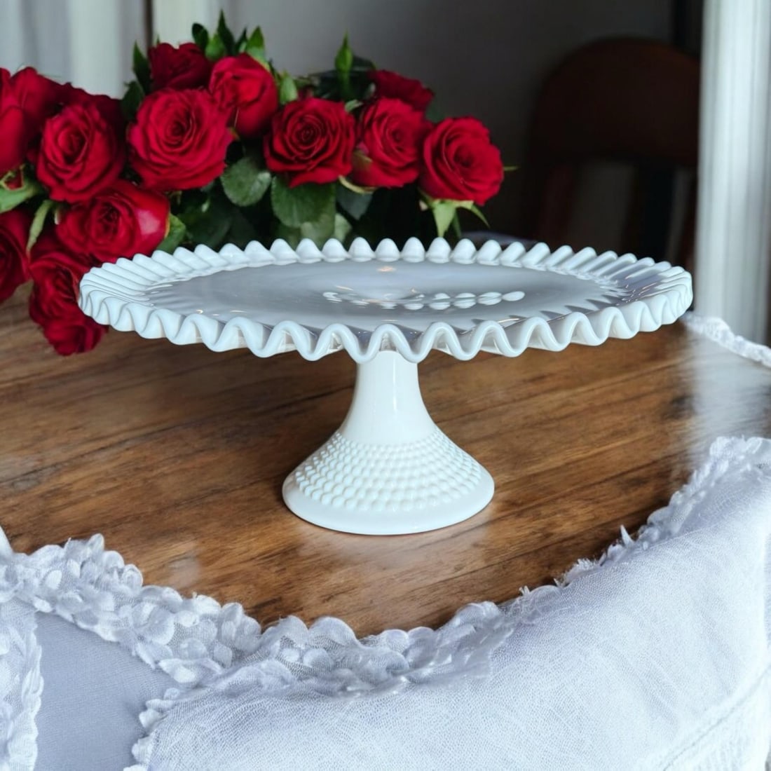 Vintage Fenton Milk Glass Hobnail Pedestal Cake Stand - 6