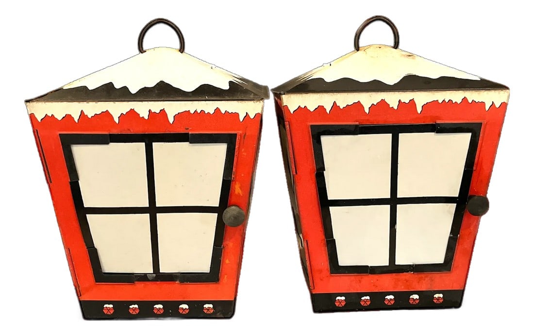 Vintage 1950s Christmas Lanterns With Four Designs, Santa Claus, Christmas Tree and Wreath Lamp - a: Pair of electric 1950s coach lanterns with four Christmas motifs; Santa Claus, Christmas Tree, Merry Christmas Wreath and classic window pane. Charming vintage holiday decor. In working order with