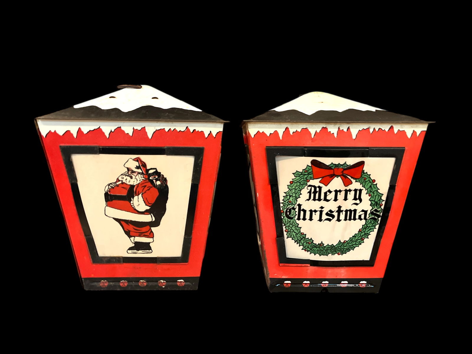 Vintage 1950s Christmas Lanterns With Four Designs, Santa Claus, Christmas Tree and Wreath Lamp - a - 2
