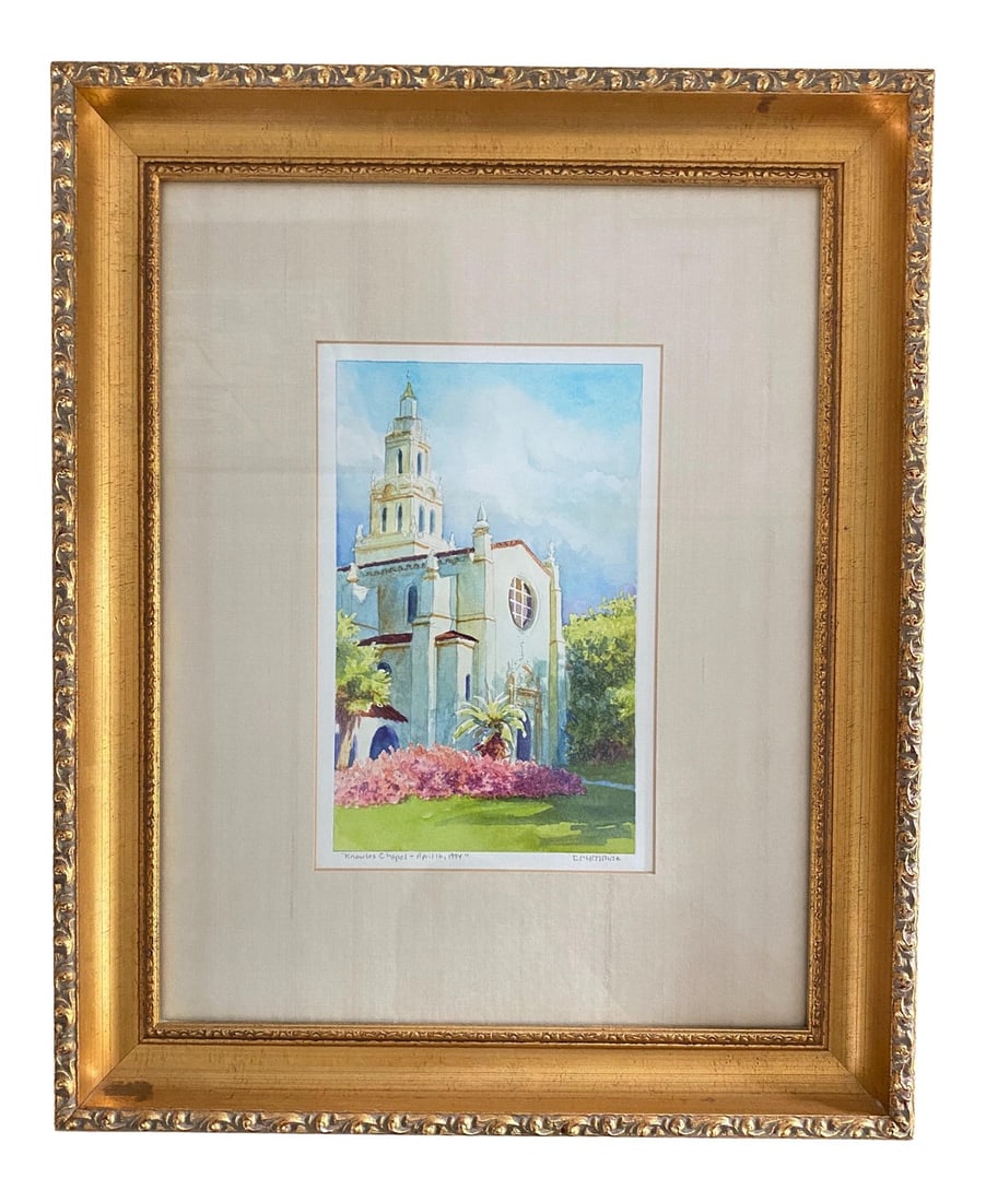 Late 20th Century "Knowles Chapel - April 16, 1994" Architectural Watercolor Painting, Framed: Signed and framed fine art watercolor painting of a 1930s Mediterranean Revival cathedral in Florida. The American painter depicts the Knowles Memorial Chapel at Rollins College in spring, as noted in