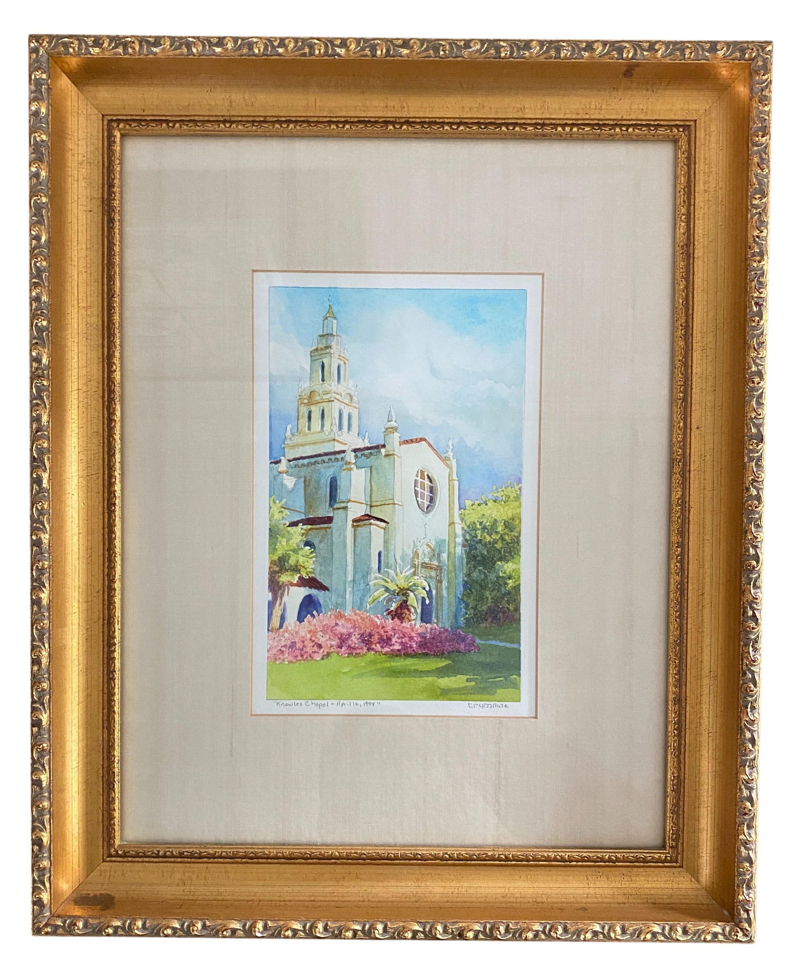 Late 20th Century "Knowles Chapel - April 16, 1994" Architectural Watercolor Painting, Framed - 6