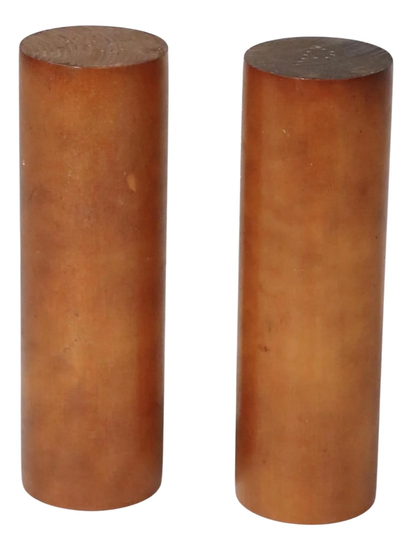 Pr. Mid Century Salt and Pepper Shakers by Clover: Pr. mid century cylindrical salt and pepper shakers by Clover. Constructed of solid wood, both are in good condition, showing only light cosmetic wear, normal and consistent with age. Condition: