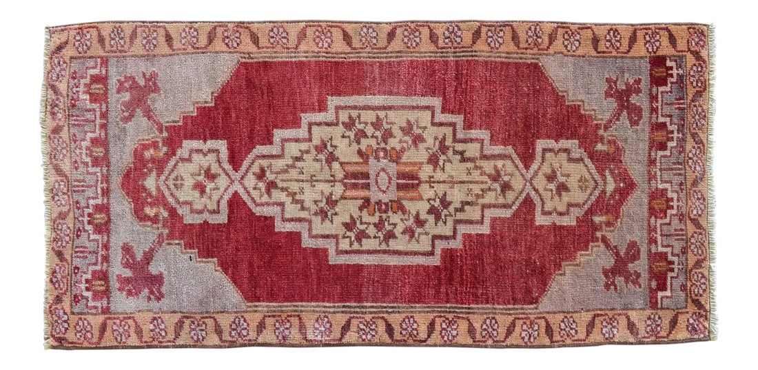Hand Made Turkish Small Rug Entryway Decor DoorMat Kitchen Mat Bath Mat- 22'' X 44'': Vintage Turkish small rug from Oushak, 1970s, featuring warm raspberry red tones and authentic village craftsmanship "” soft underfoot comfort, perfect for bedside spaces and interior