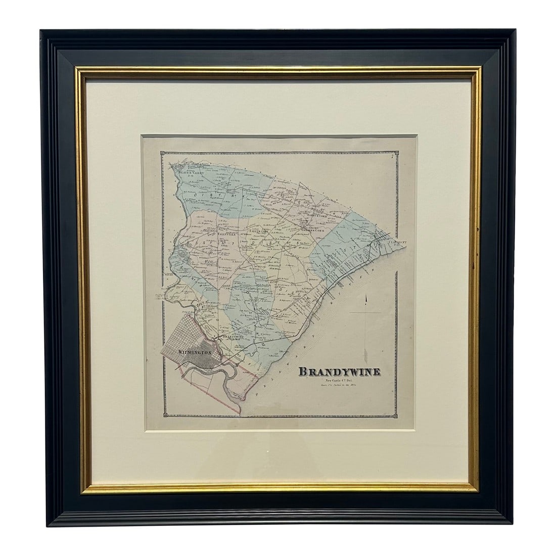 Brandywine Hundred, Delaware Mid 19th Century Original Framed Engraving: Brandywine Hundred, New Castle County, Delaware. Original engraved map from the 1st atlas of Delaware by Beer's & Pomeroy, 1868. Custom framed in UV-resistant glass. Dimensions: 23.5 x 24.5"