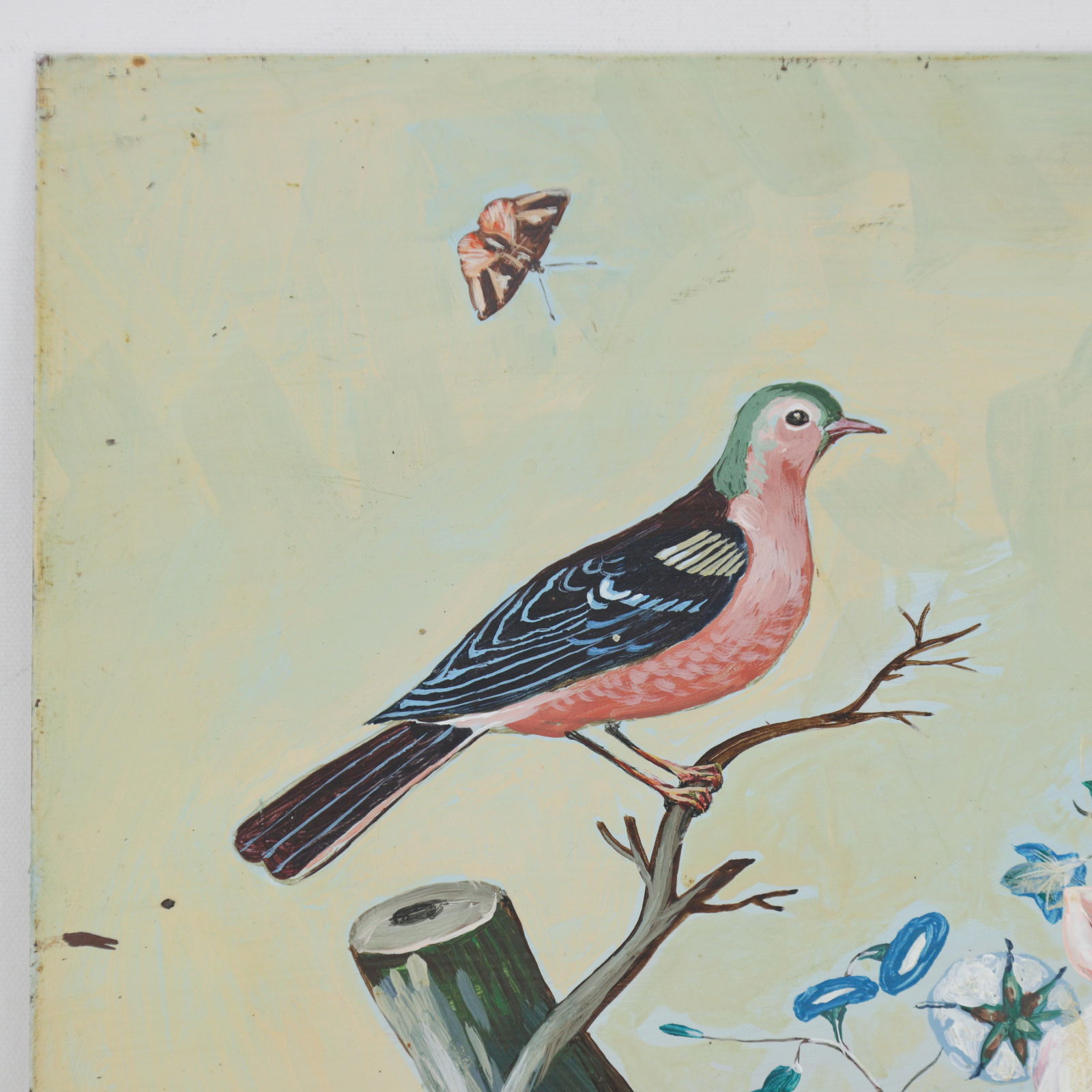 Vintage Hand-Painted Iron Painting "“ Bird & Floral Artwork on Metal Panel - 2