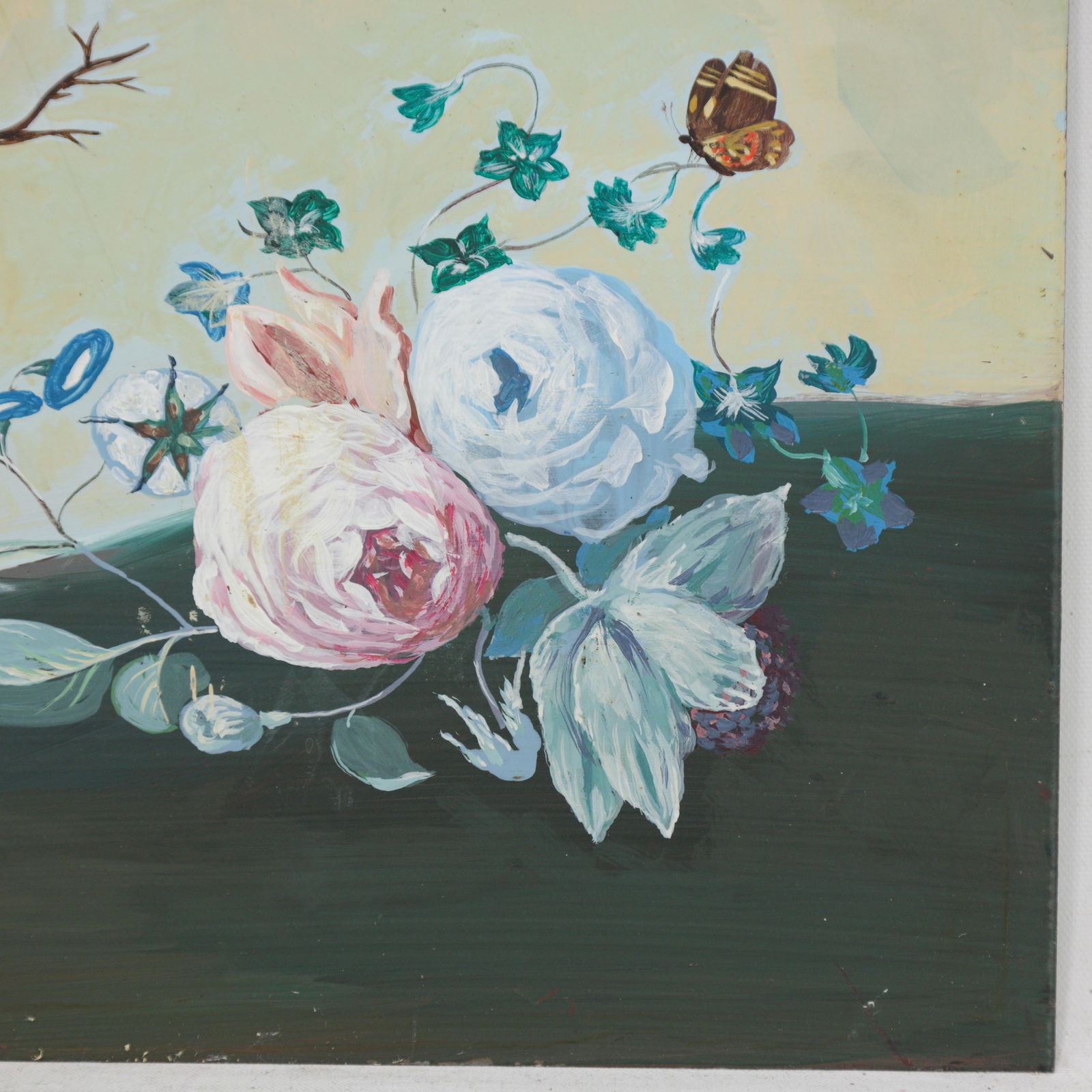 Vintage Hand-Painted Iron Painting "“ Bird & Floral Artwork on Metal Panel - 3