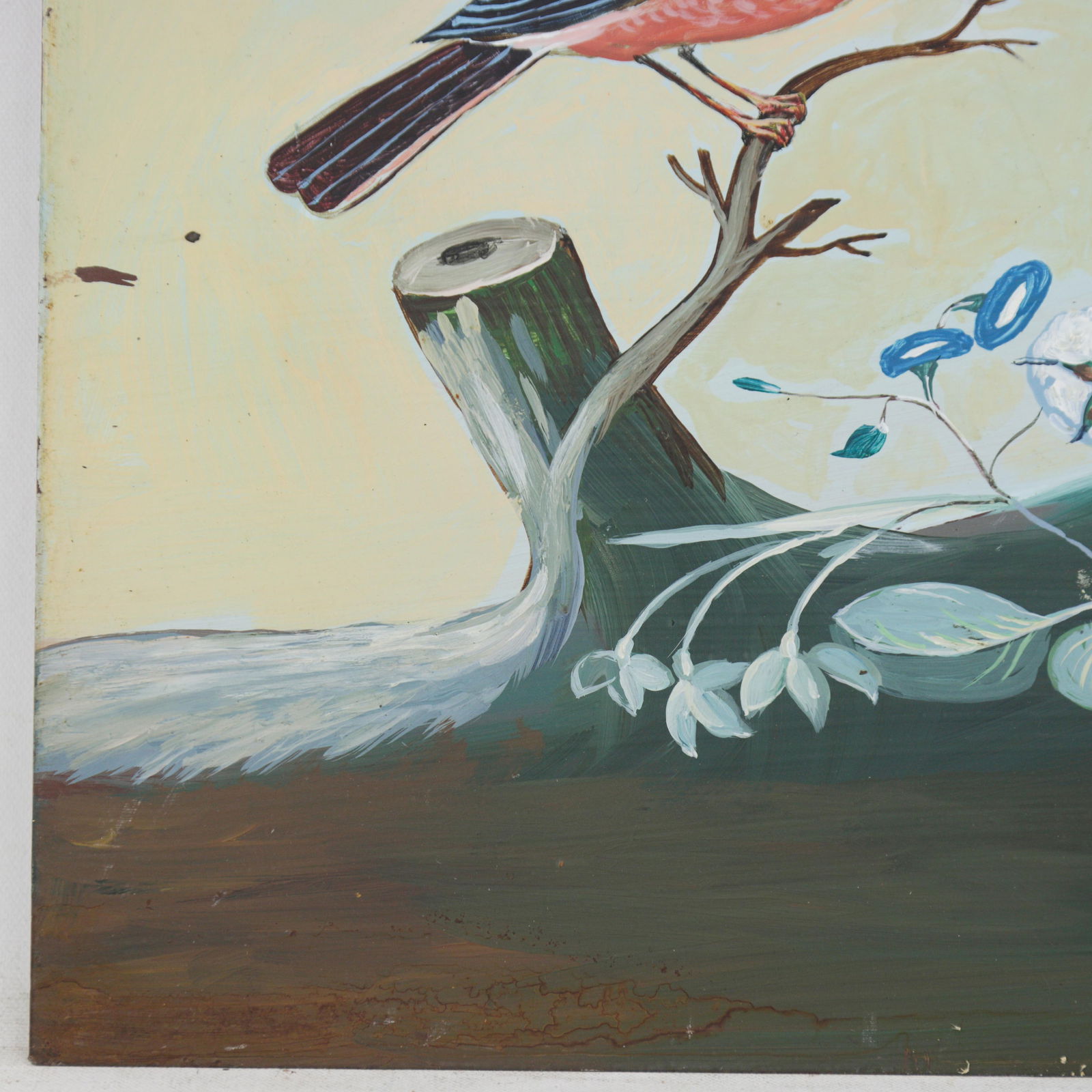 Vintage Hand-Painted Iron Painting "“ Bird & Floral Artwork on Metal Panel - 4