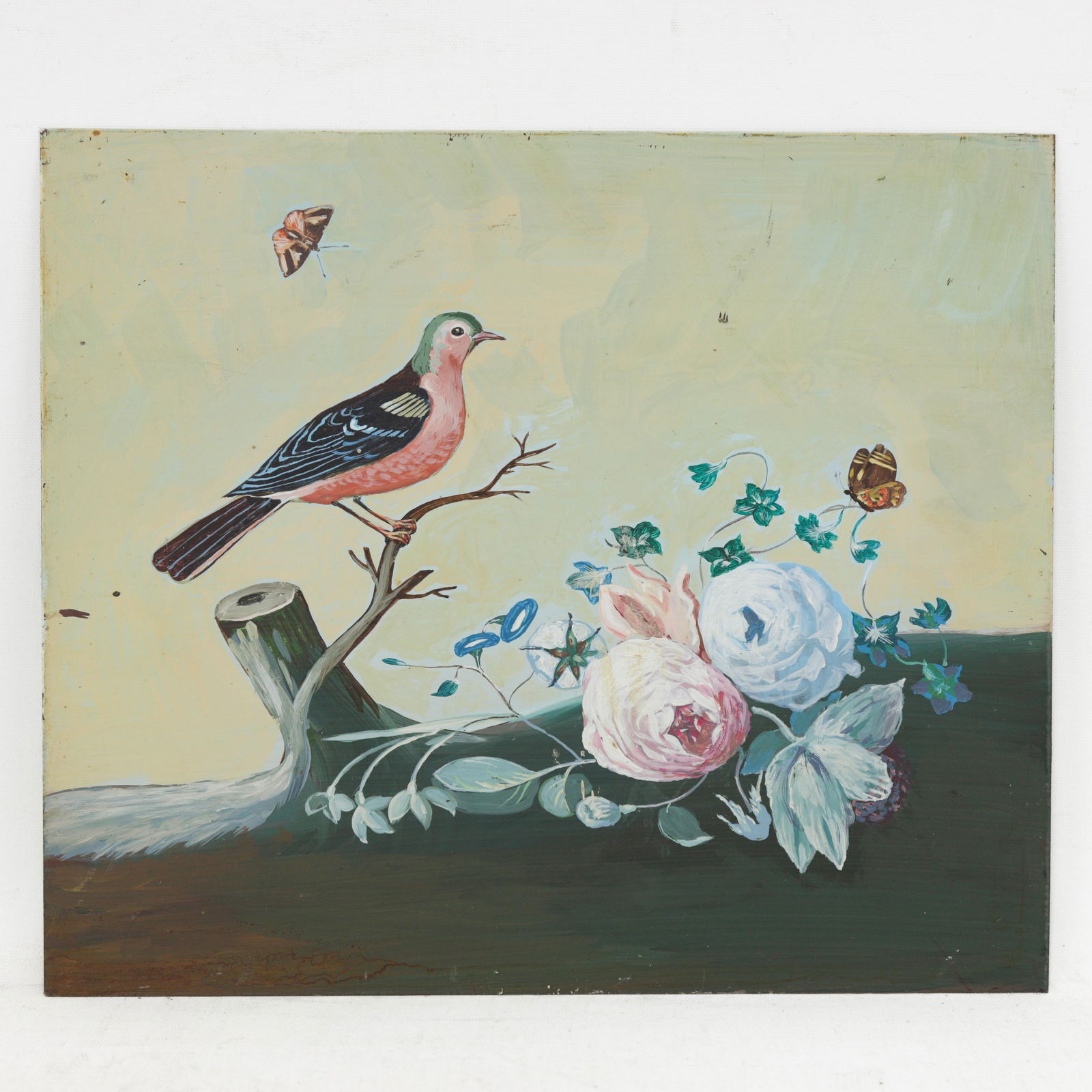 Vintage Hand-Painted Iron Painting "“ Bird & Floral Artwork on Metal Panel - 6