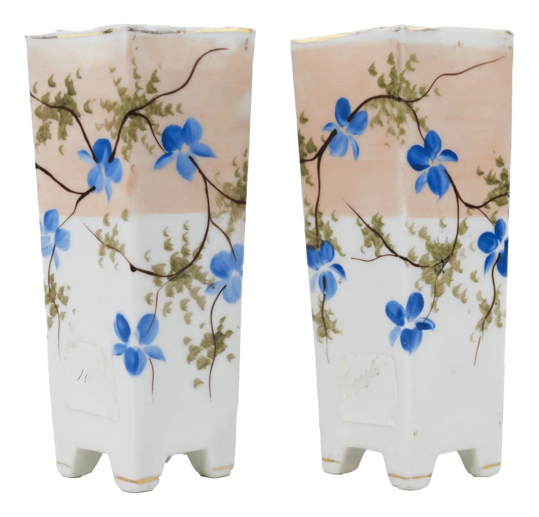 Pair of Hand-Painted Floral Japanese-Style Square Vase With Blue Blossoms: This small, slender vase features a serene hand-painted design inspired by Japanese artistry. Delicate blue blossoms and green vines intertwine against a soft peachy background, creating a
