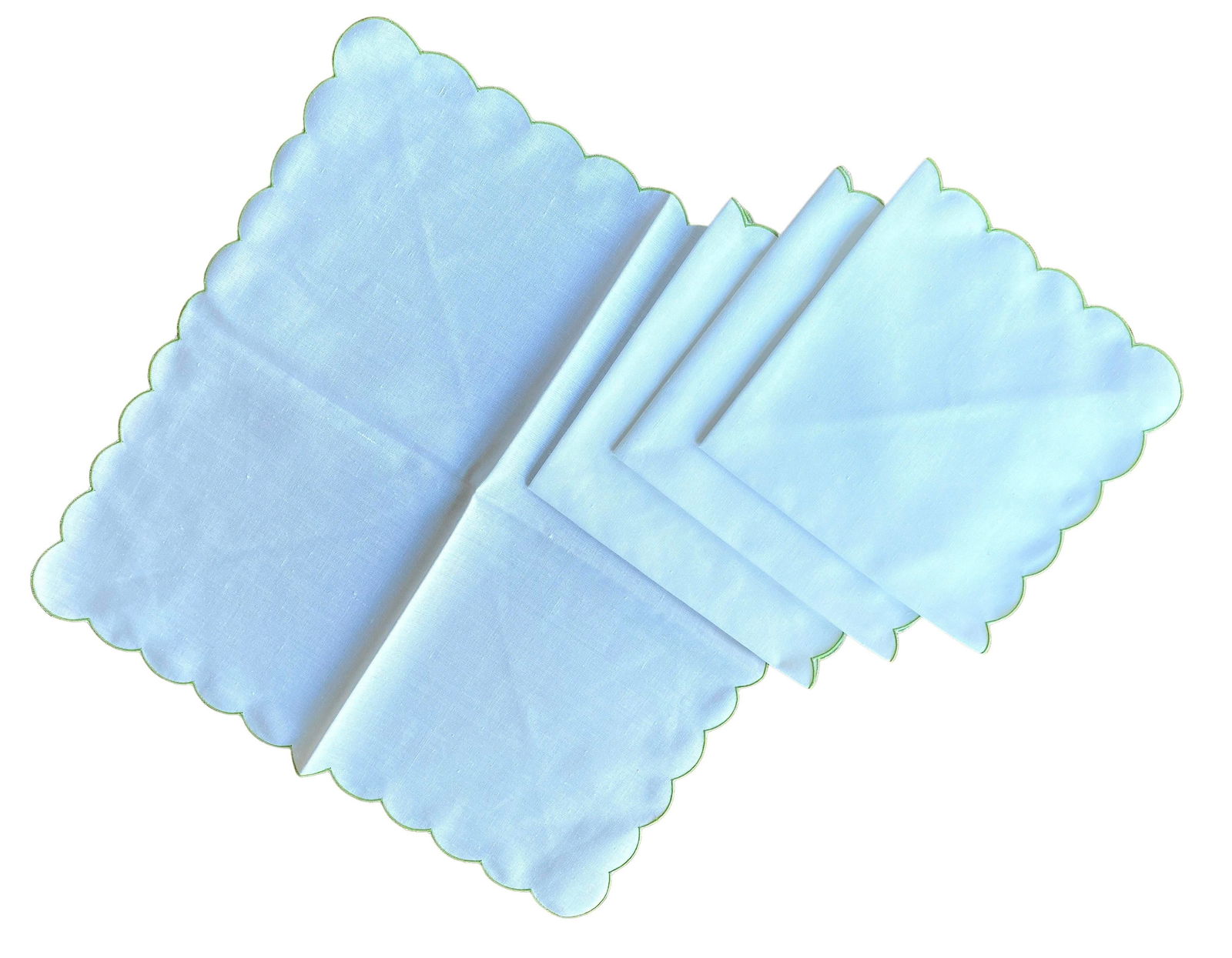 White Linen Scalloped Linen Cloth Napkins With Vivid Green Trim - Set of 4 - 5