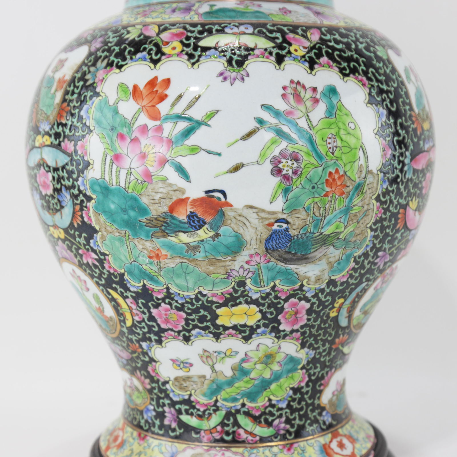 Chinese Famille Noire Porcelain Table Lamp With Birds & Florals - 10