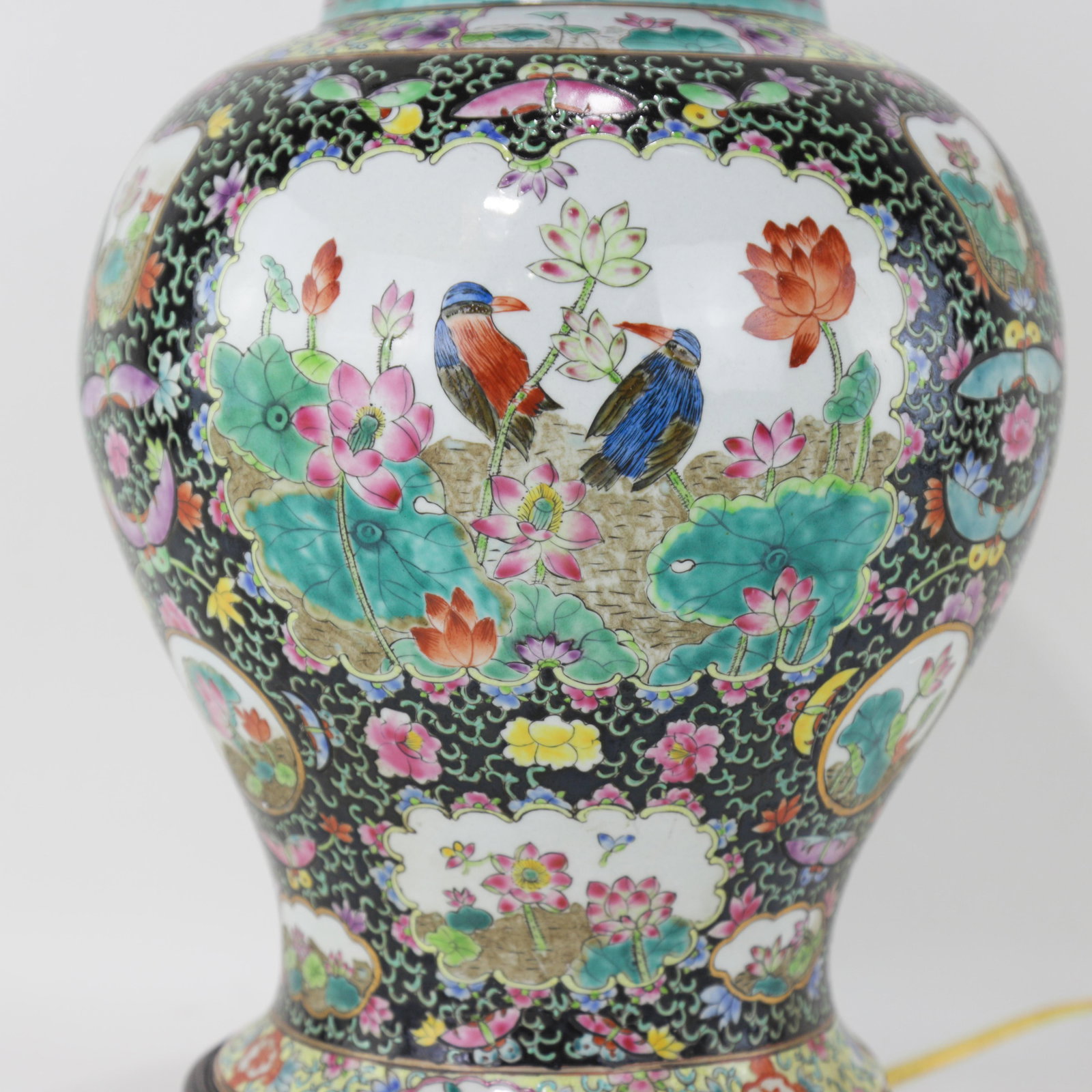 Chinese Famille Noire Porcelain Table Lamp With Birds & Florals - 11