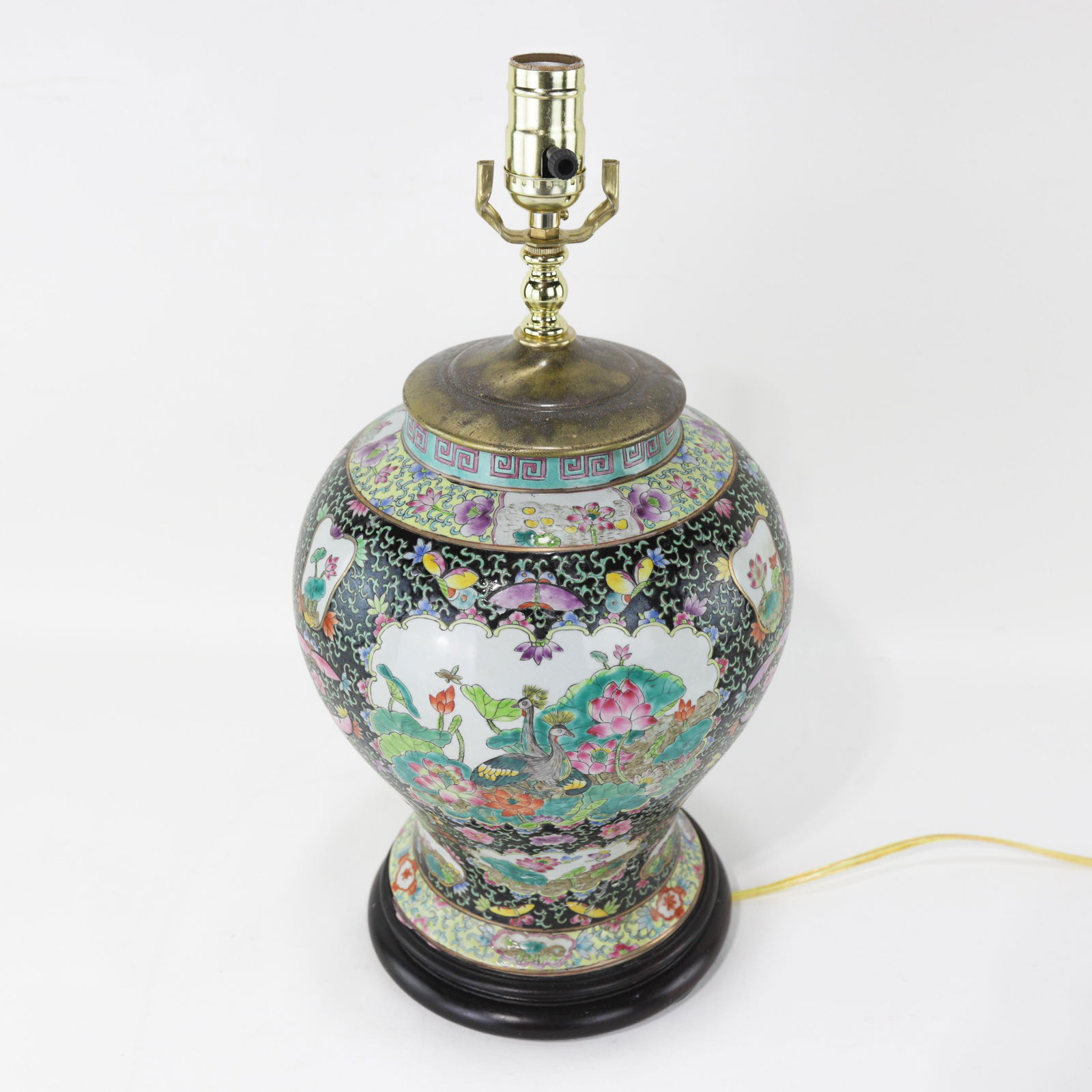 Chinese Famille Noire Porcelain Table Lamp With Birds & Florals - 2