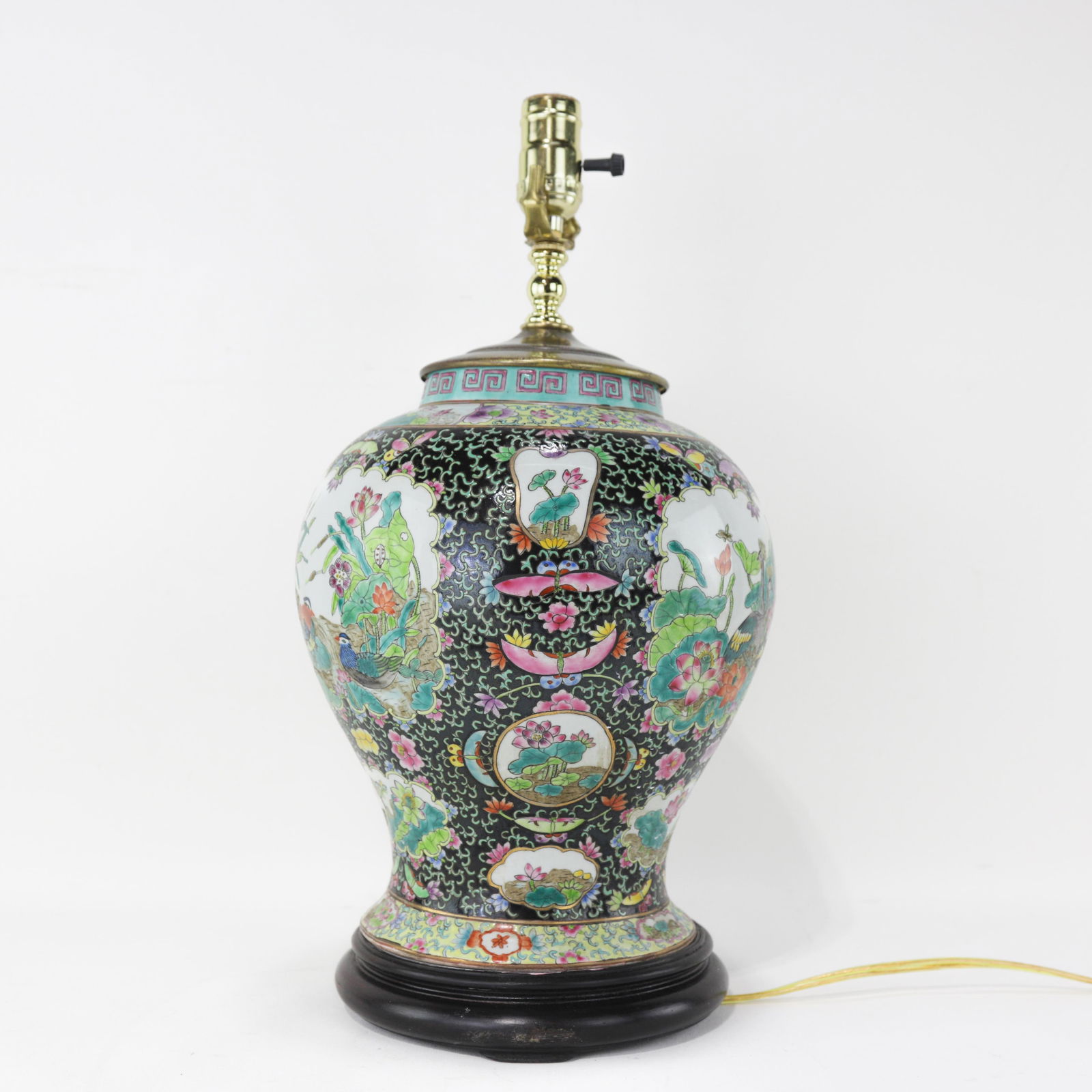 Chinese Famille Noire Porcelain Table Lamp With Birds & Florals - 4