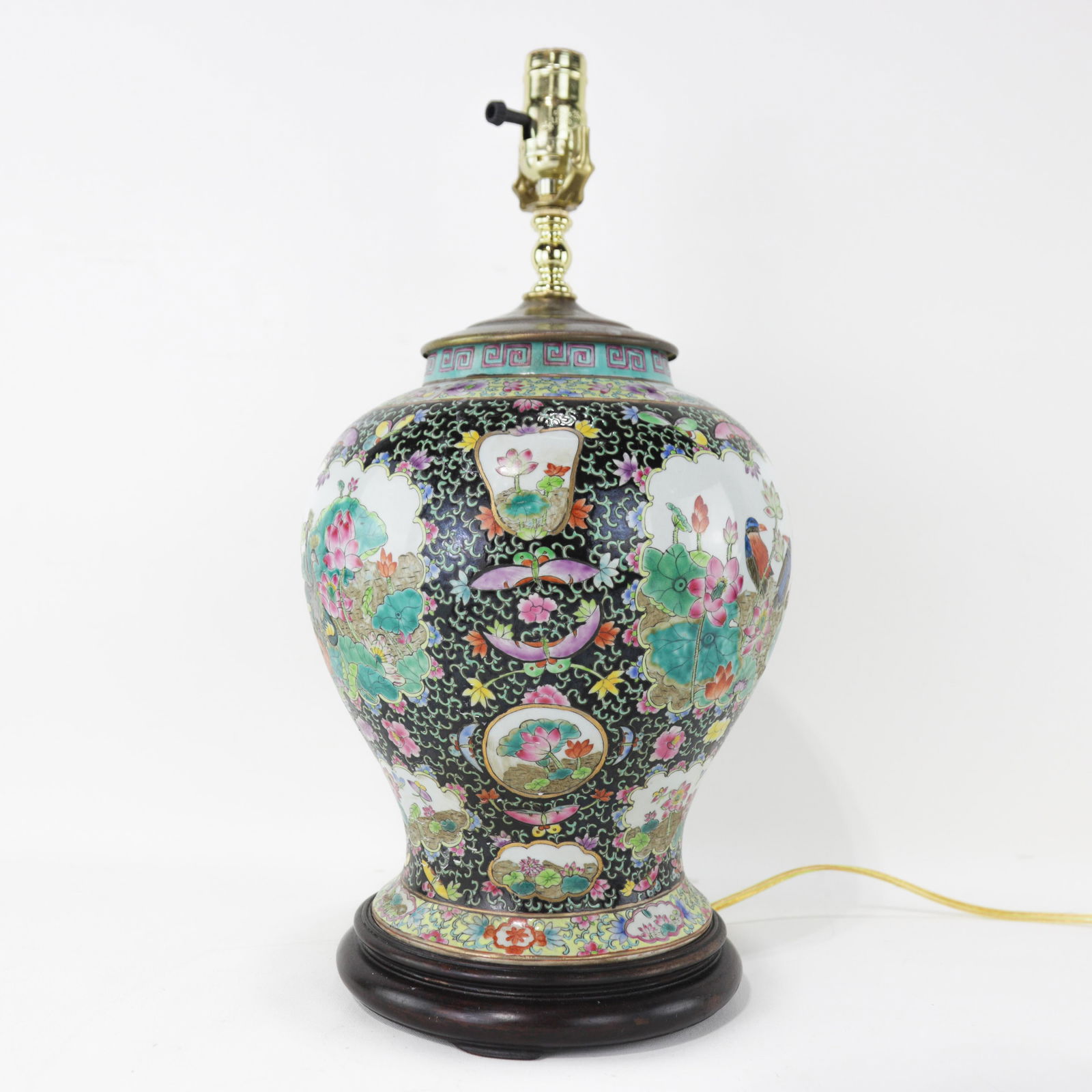 Chinese Famille Noire Porcelain Table Lamp With Birds & Florals - 6