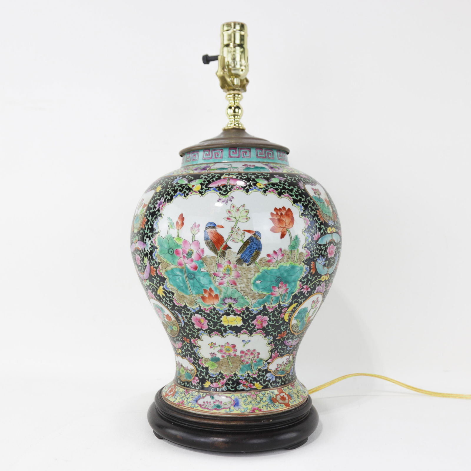 Chinese Famille Noire Porcelain Table Lamp With Birds & Florals - 7