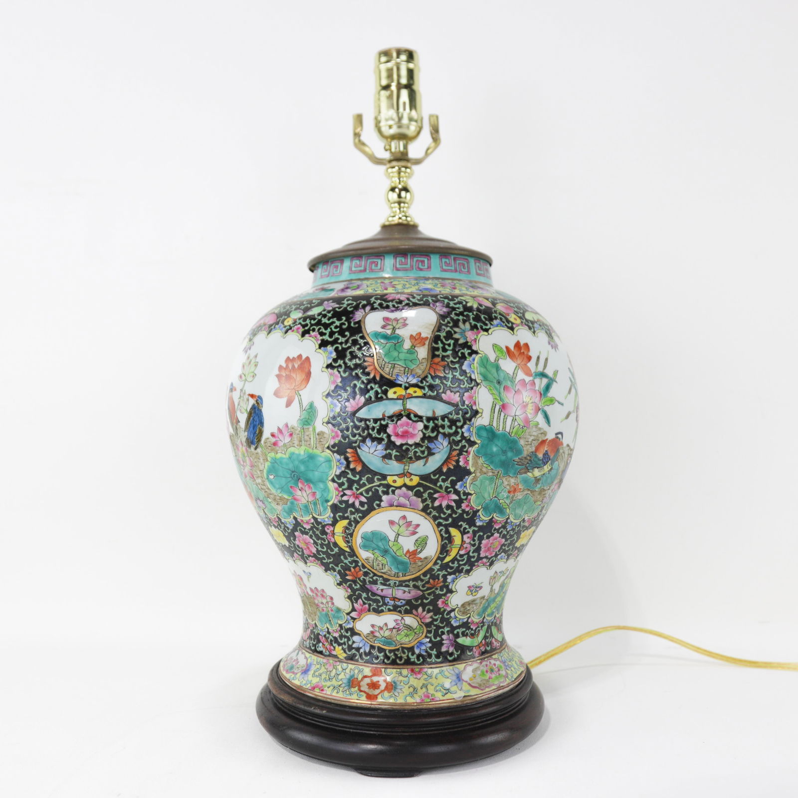 Chinese Famille Noire Porcelain Table Lamp With Birds & Florals - 8