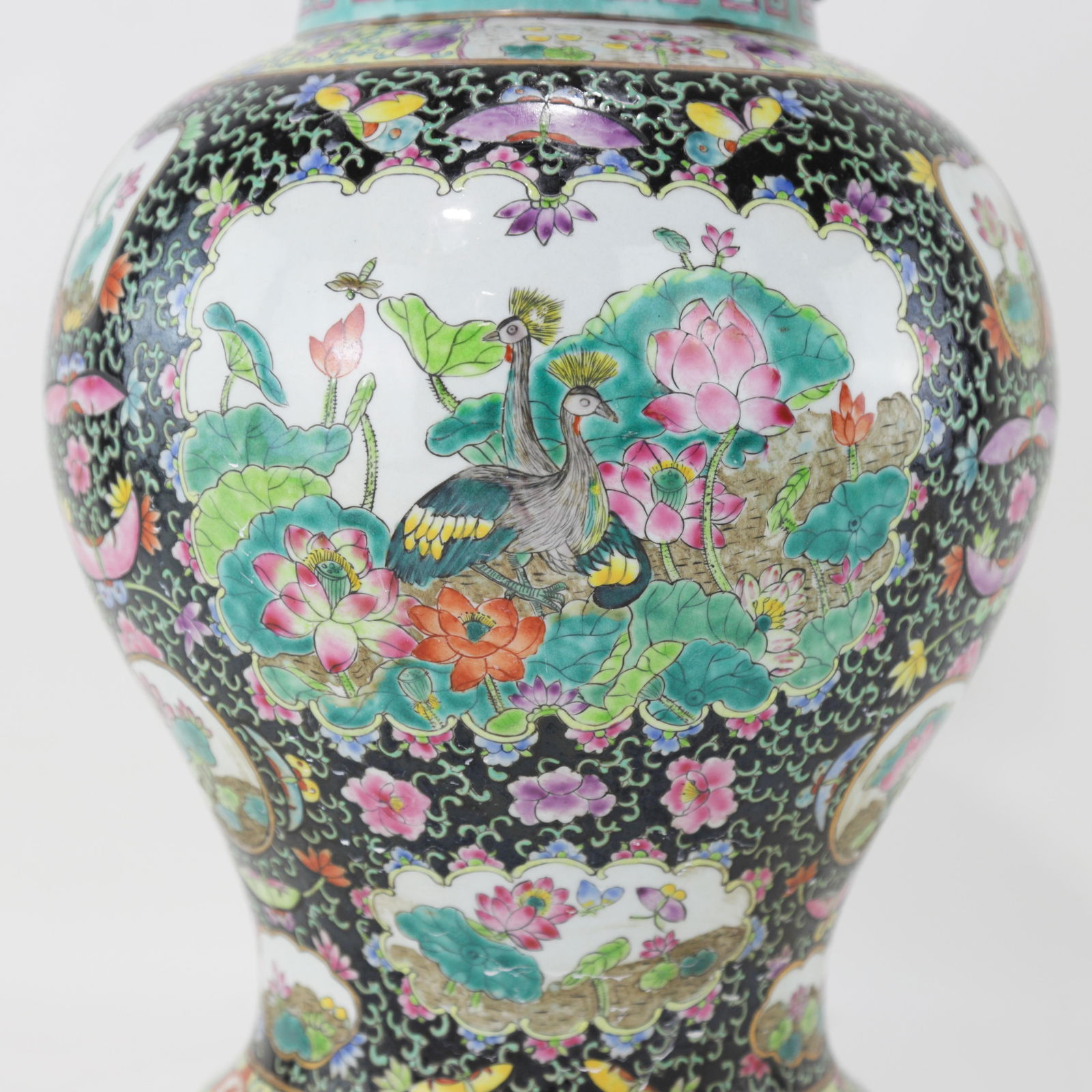Chinese Famille Noire Porcelain Table Lamp With Birds & Florals - 9