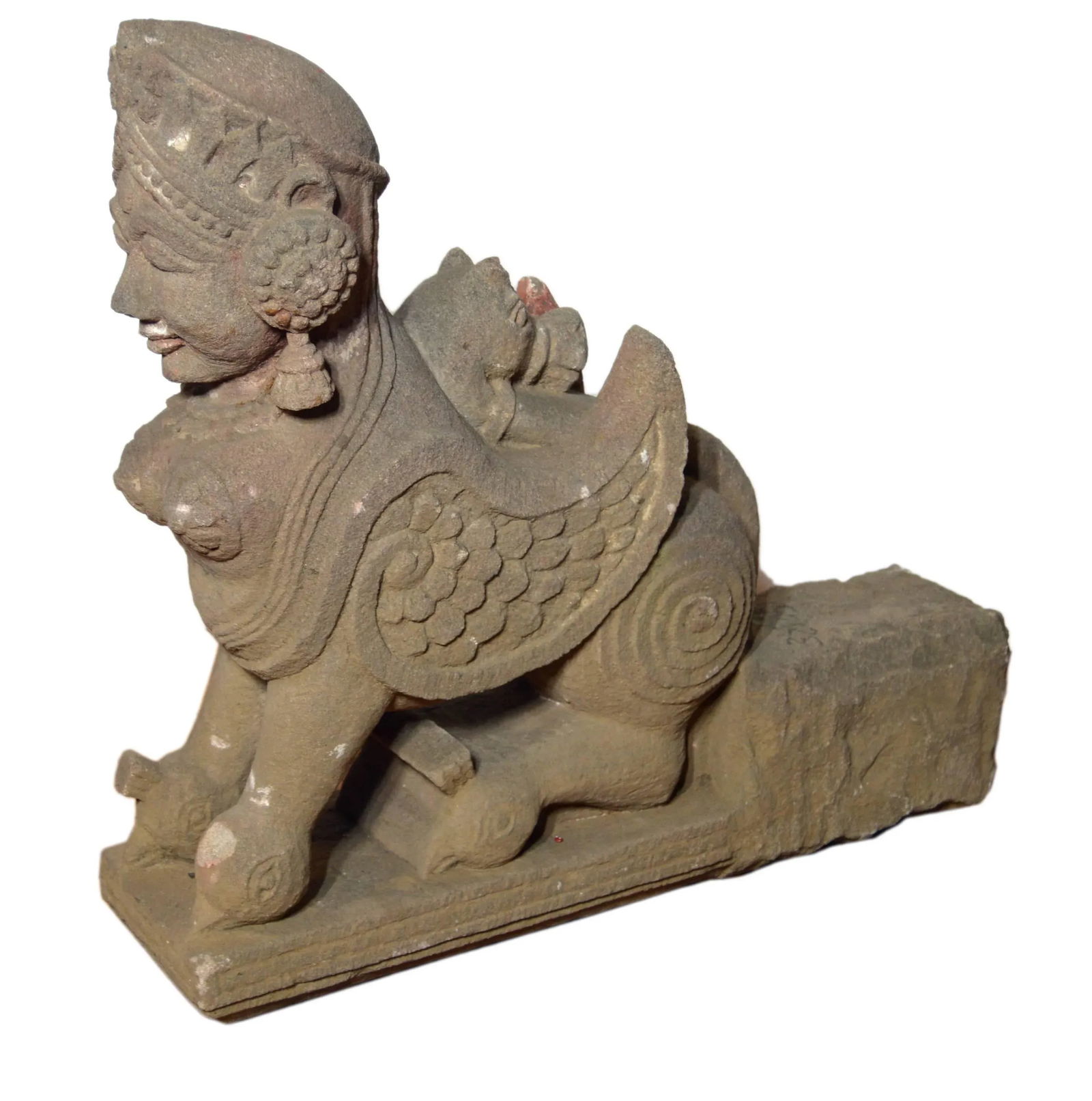 Indian Hand-Carved 19th Century Stone Sphinx Sculpture with Tiara and Earrings - 9