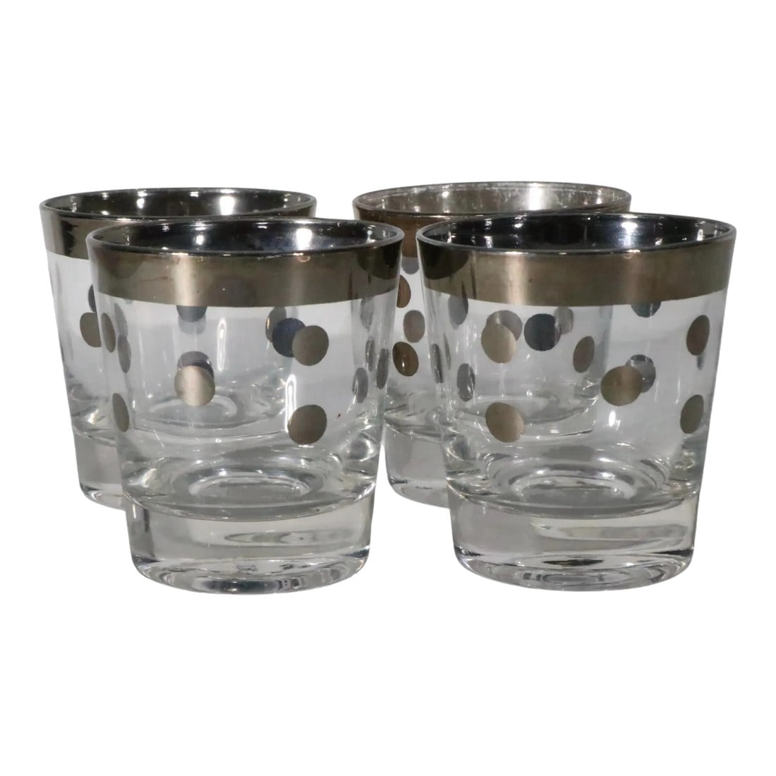 Mid 20th Century Dorothy Thorpe Silver Dot Old Fashioned Glasses- Set of 4: Chic set of four silver dot motif Old Fashioned glasses by Dorothy Thorpe. The glasses are in very fine, original, clean and ready to use condition, one shows minor loss to silver trim at top, please