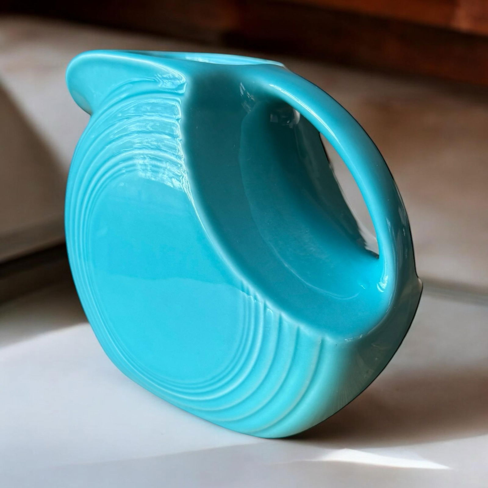 Vintage Fiestaware Turquoise Large Disc Water Pitcher - 6