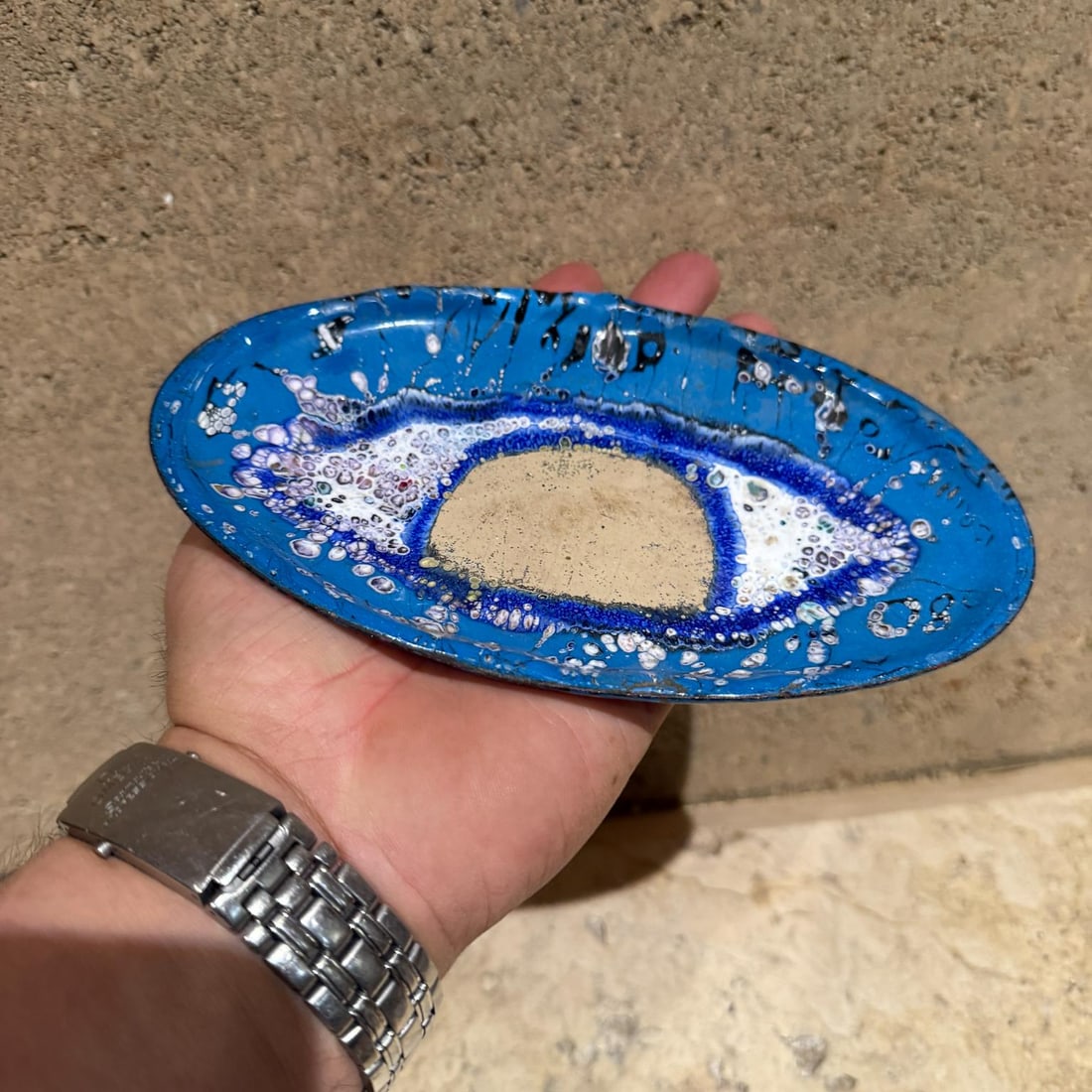 1980s Blue Enamel Eye Plate Graphic Art Ojo Azul - 7